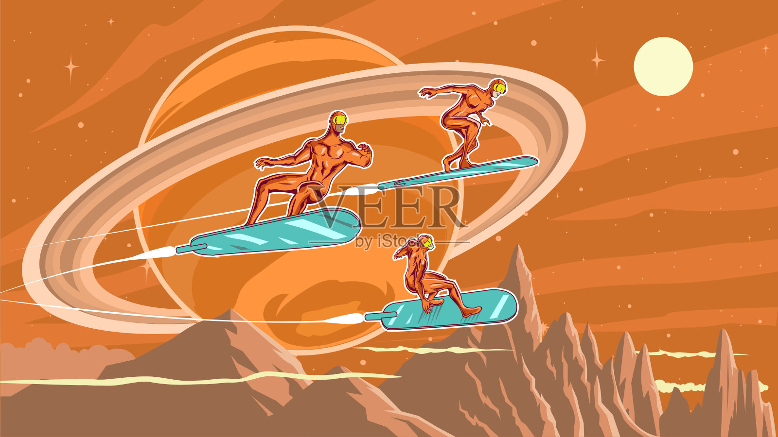 矢量复古波普艺术冲浪宇航员超级英雄在空间股票插图插画图片素材