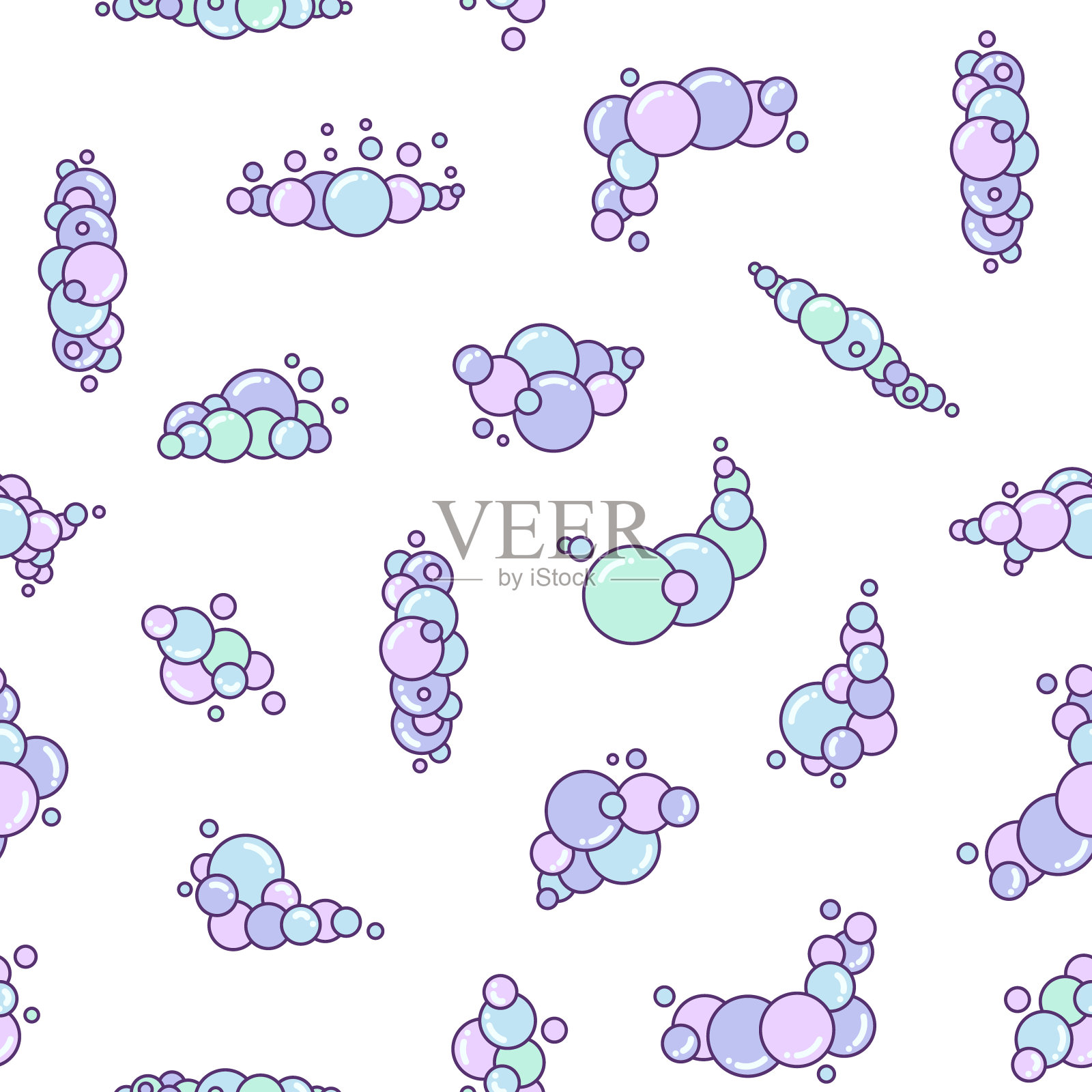 有泡沫的肥皂泡沫。无缝模式。沐浴液、洗发水、剃须液、摩丝。多云的框架和角落。手绘风格。矢量图。设计的饰品。插画图片素材