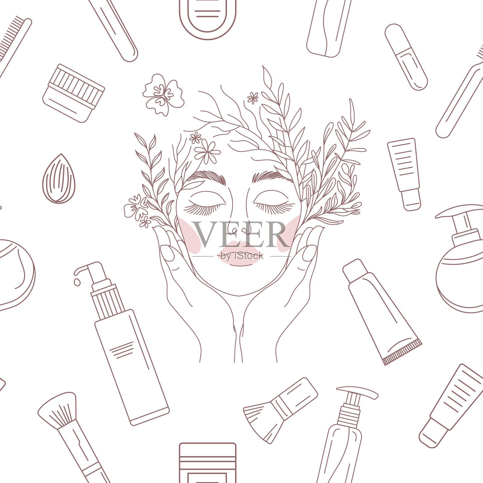 优雅线条艺术无缝图案，美容产品排列成圆形图案的护肤插图，美容美发，健康行业，化妆师。插画图片素材
