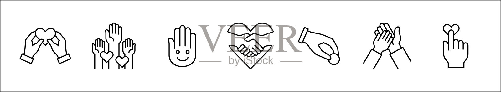 慈善和捐赠图标集。艾滋病的图标。慈善之手图标。给出手势。伸出援助之手的符号。矢量股票插图大纲风格设计资源的按钮和网站。插画图片素材