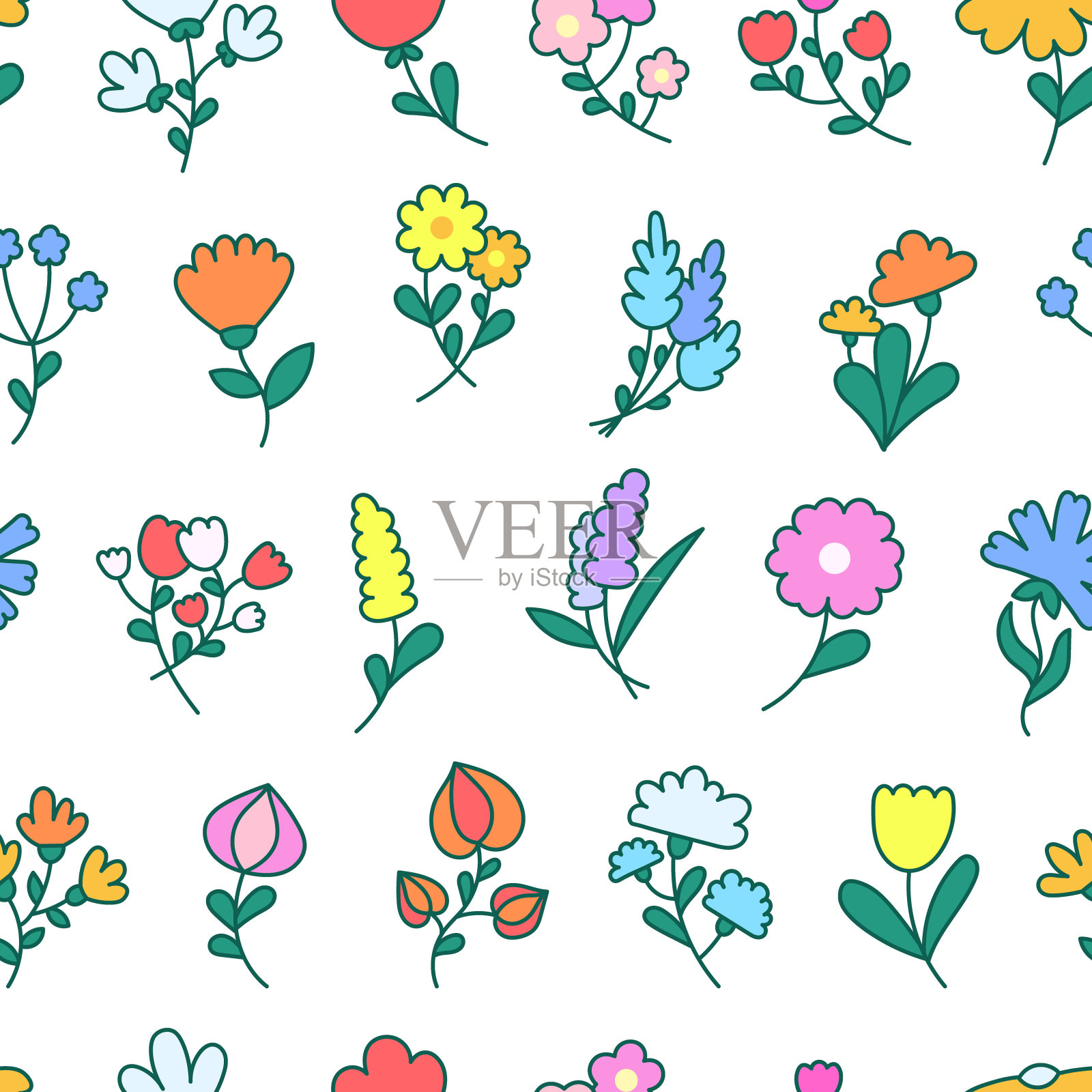 春花带叶。无缝模式。植物的叶子。手绘风格。矢量图。设计的饰品。插画图片素材