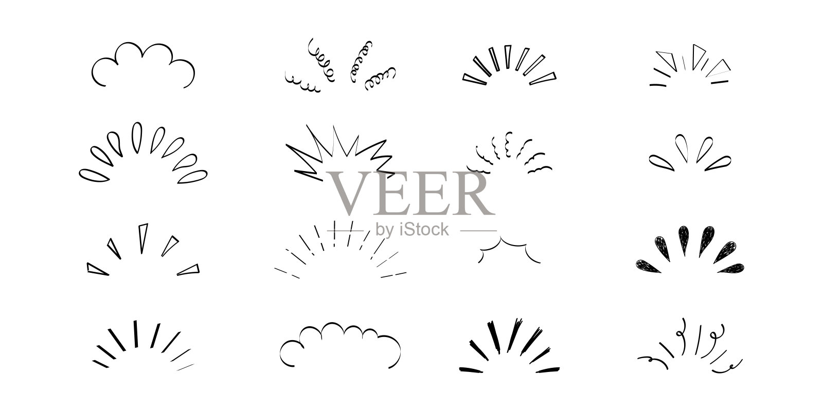 流行线框漫画动画效果愈合标记，惊喜涂鸦情感隔离在白色背景。注意标志，通知或火花。矢量图插画图片素材