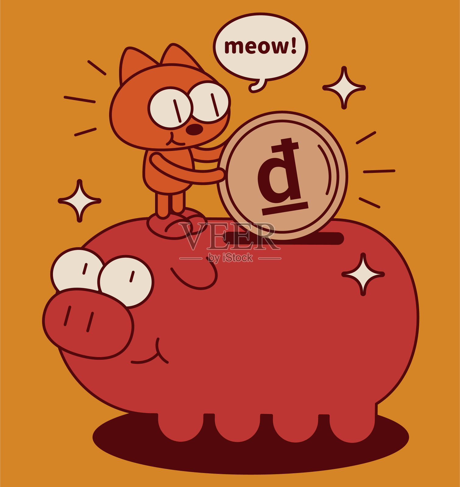 可爱的小猫站立在存钱罐上存钱插画图片素材