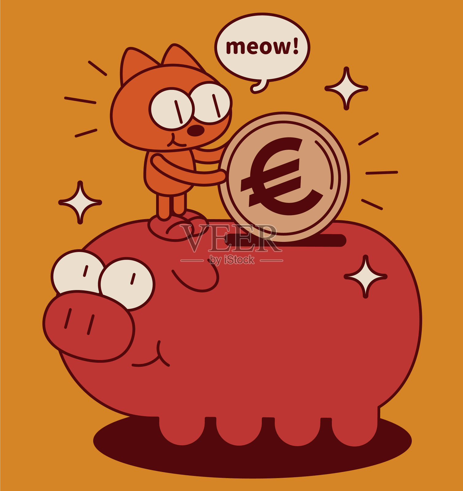 可爱的小猫站立在存钱罐上存钱插画图片素材