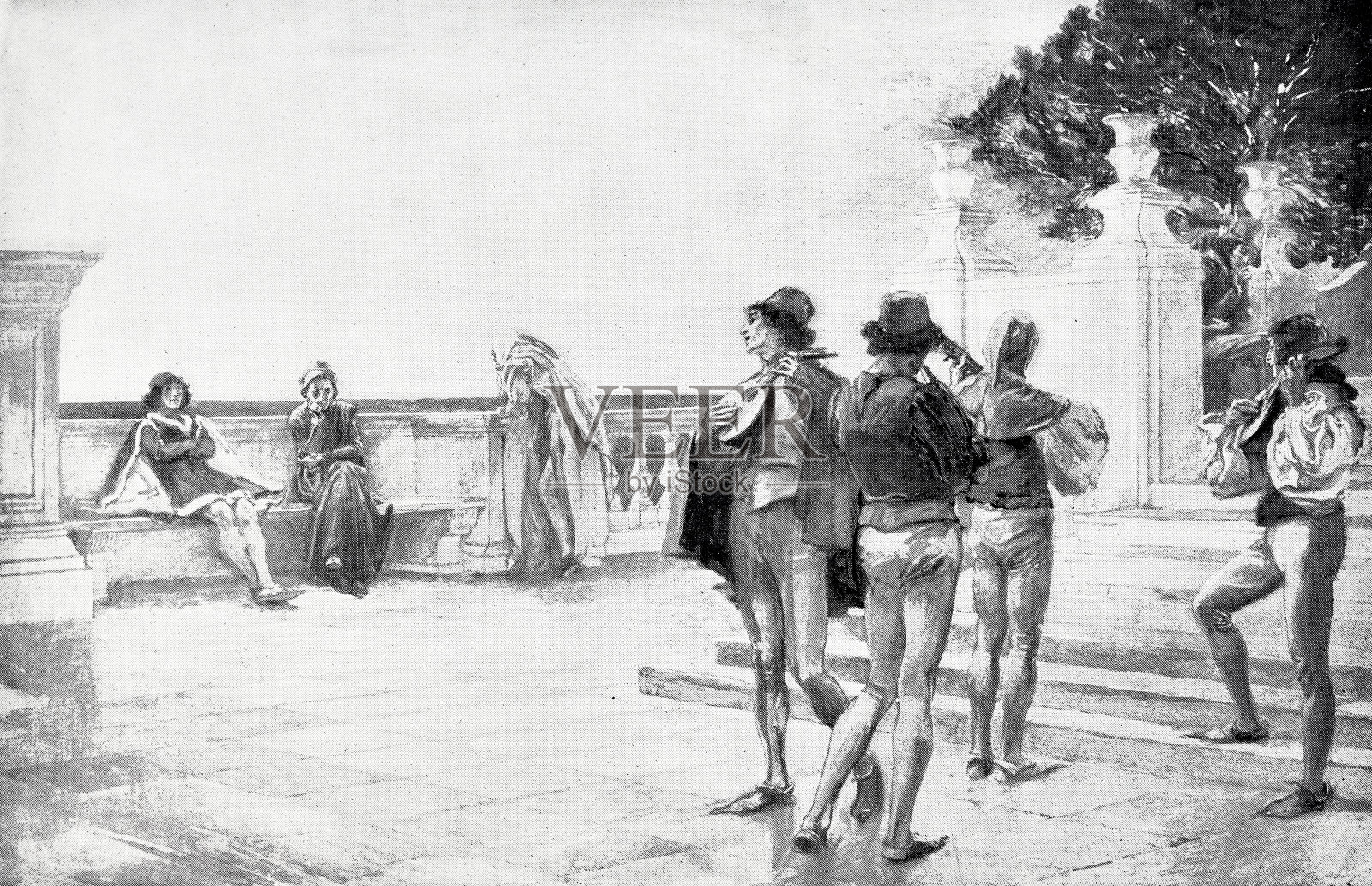 出自莎士比亚《虚无的一切》第二幕第三场，巴尔萨泽唱道:别再叹息了，女士们，别再叹息了;男人永远都是骗子。插画图片素材