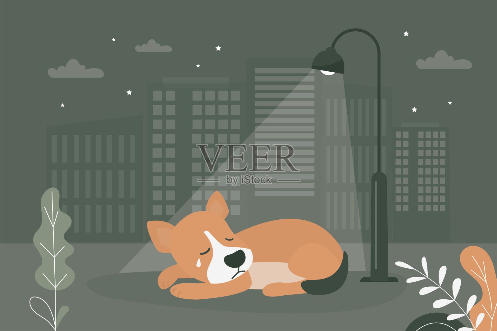 不开心的狗在街上睡觉。有关领养宠物的横幅或海报。动物护理、保护、收养。帮助无家可归的动物找到家的概念。孤独的小狗在等待主人。插画图片素材