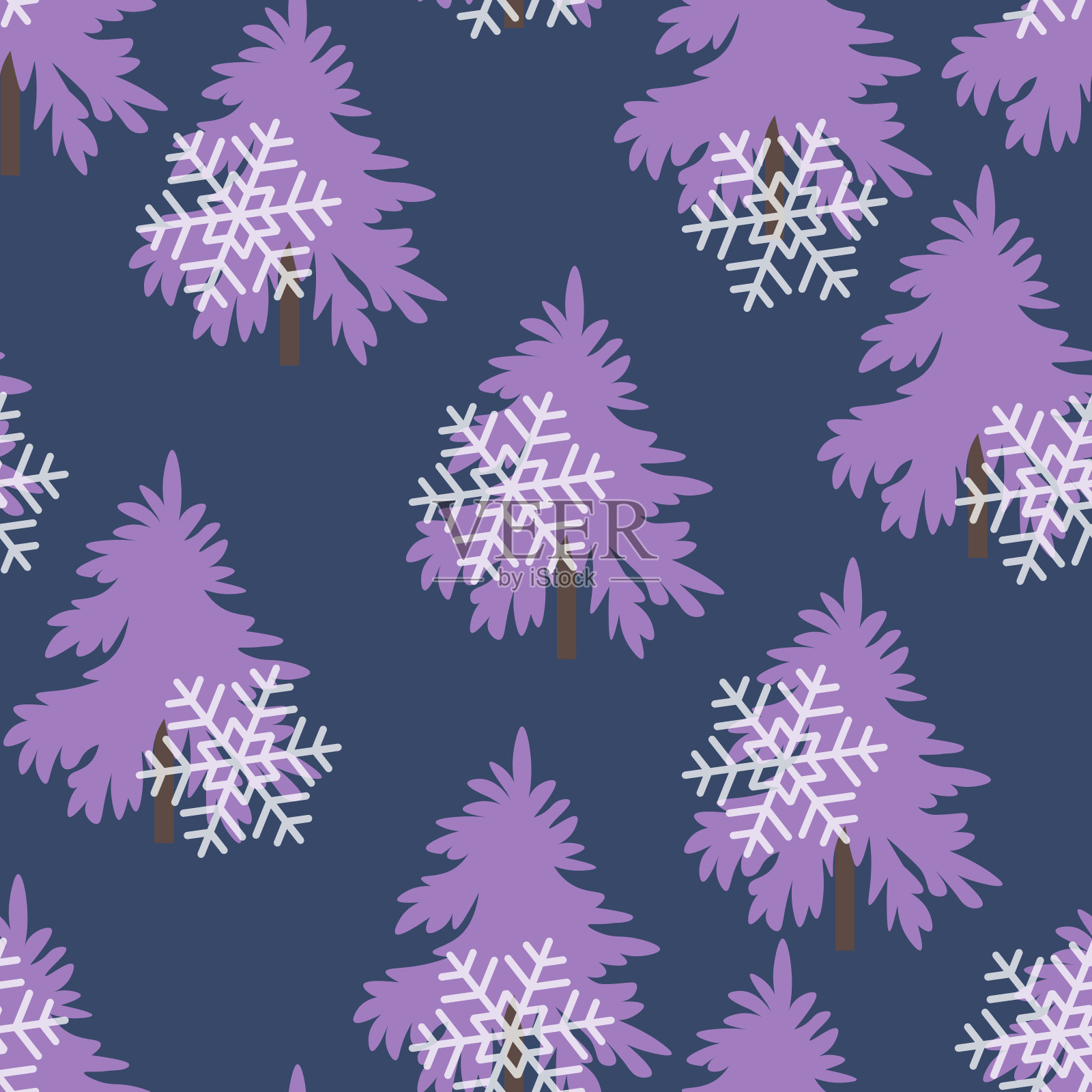 冬季无缝图案：圣诞树和雪花彩色背景矢量插画，适用于织物、纺织壁纸、海报、礼品包装纸，圣诞和新年矢量插画图片素材