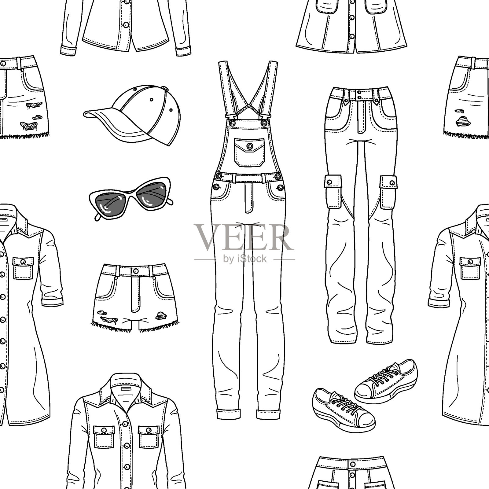 牛仔服装集合，矢量无缝图案背景。插画图片素材