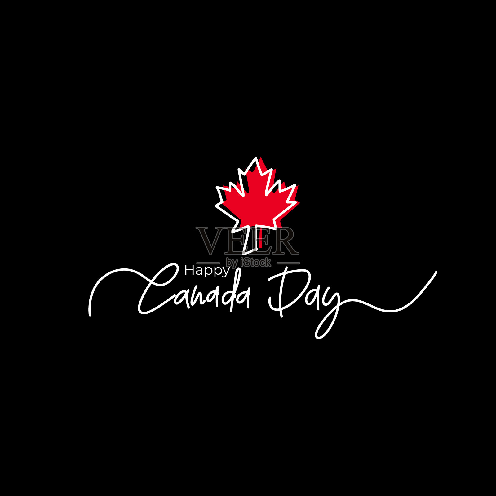 快乐加拿大日贺卡设计黑色背景。手写字母或字体标志与现实的红色枫叶加拿大日。矢量插图。插画图片素材