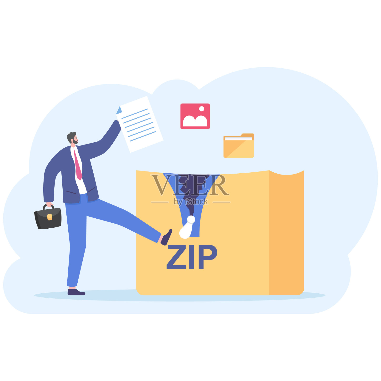 压缩文件。数据压缩。人们把多个文件合并成一个文件。创建zip文件。文档管理。插画概念设计插画图片素材