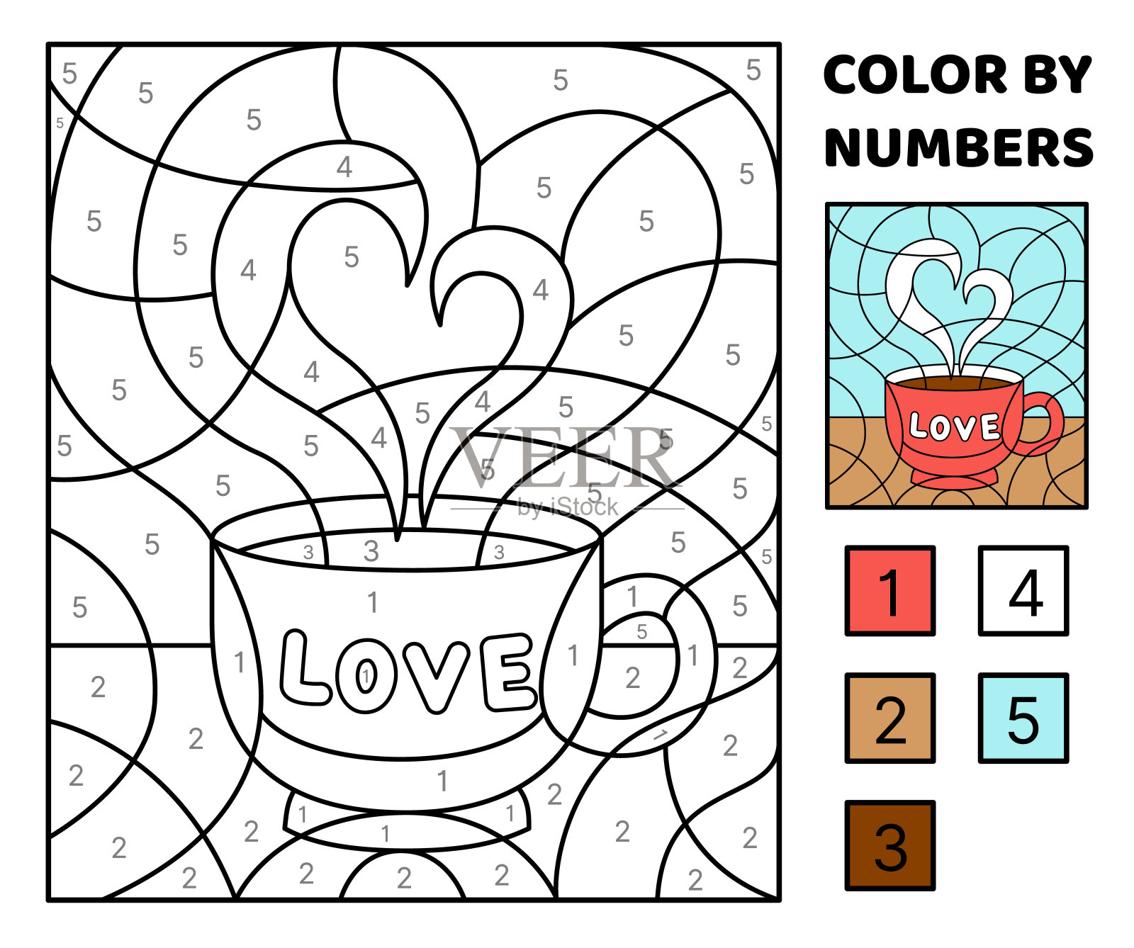 按数字上色。一杯烟熏心的咖啡。着色页面。孩子们的游戏。卡通、矢量插画图片素材