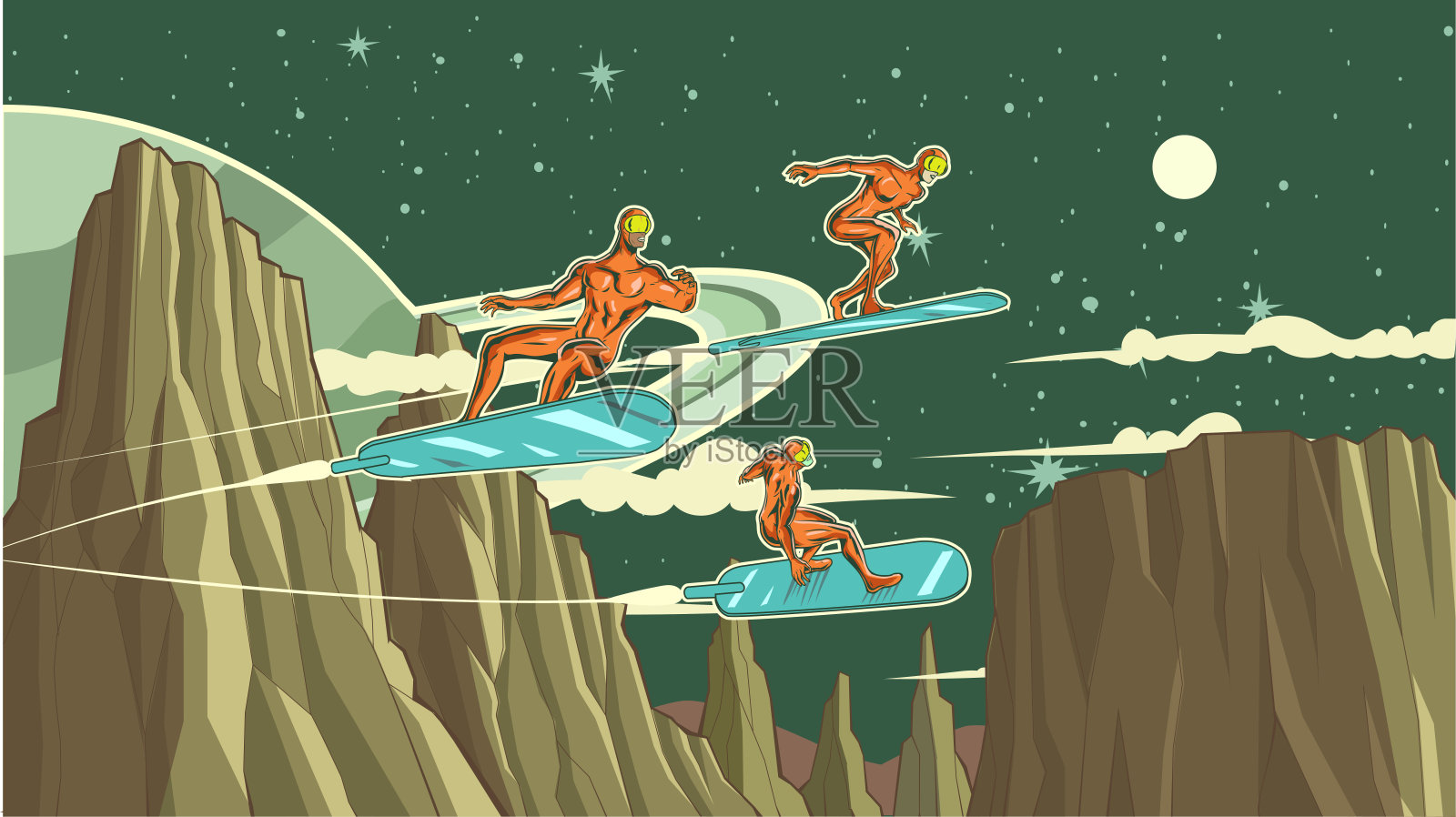 矢量复古波普艺术冲浪宇航员超级英雄在空间股票插图插画图片素材