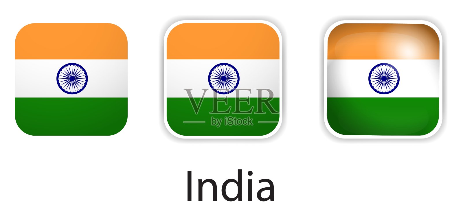 印度国旗矢量图标设置在圆形正方形的形状插画图片素材