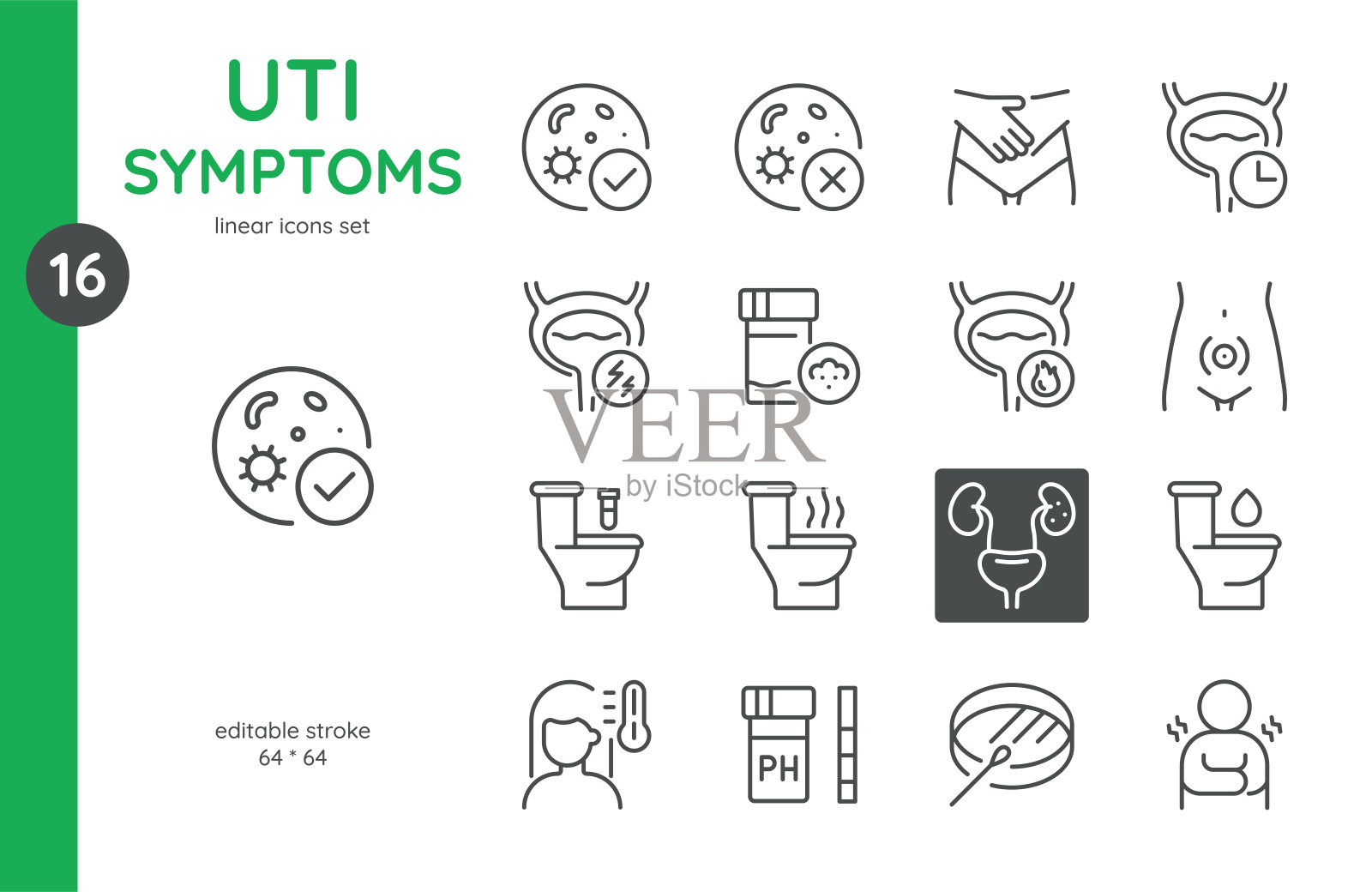 UTI症状图标集。描绘尿路感染各种症状的线性图标。包括尿痛、尿频、腹痛、尿混浊和发烧。可编辑矢量信号插画图片素材
