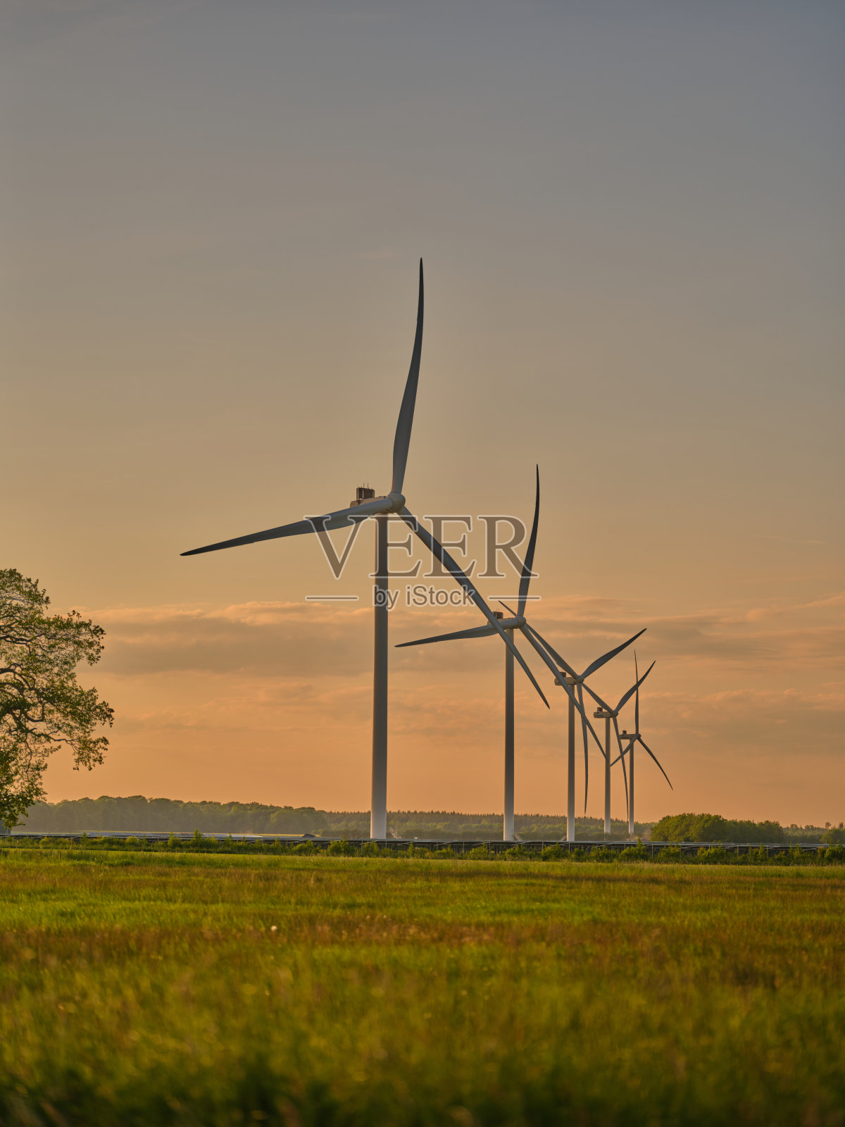 夕阳下乡村的风力涡轮机。丹麦。照片摄影图片