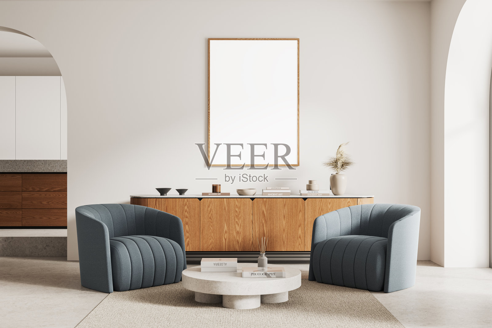 舒适的家放松室内与扶手椅和抽屉与装饰，模型框架照片摄影图片