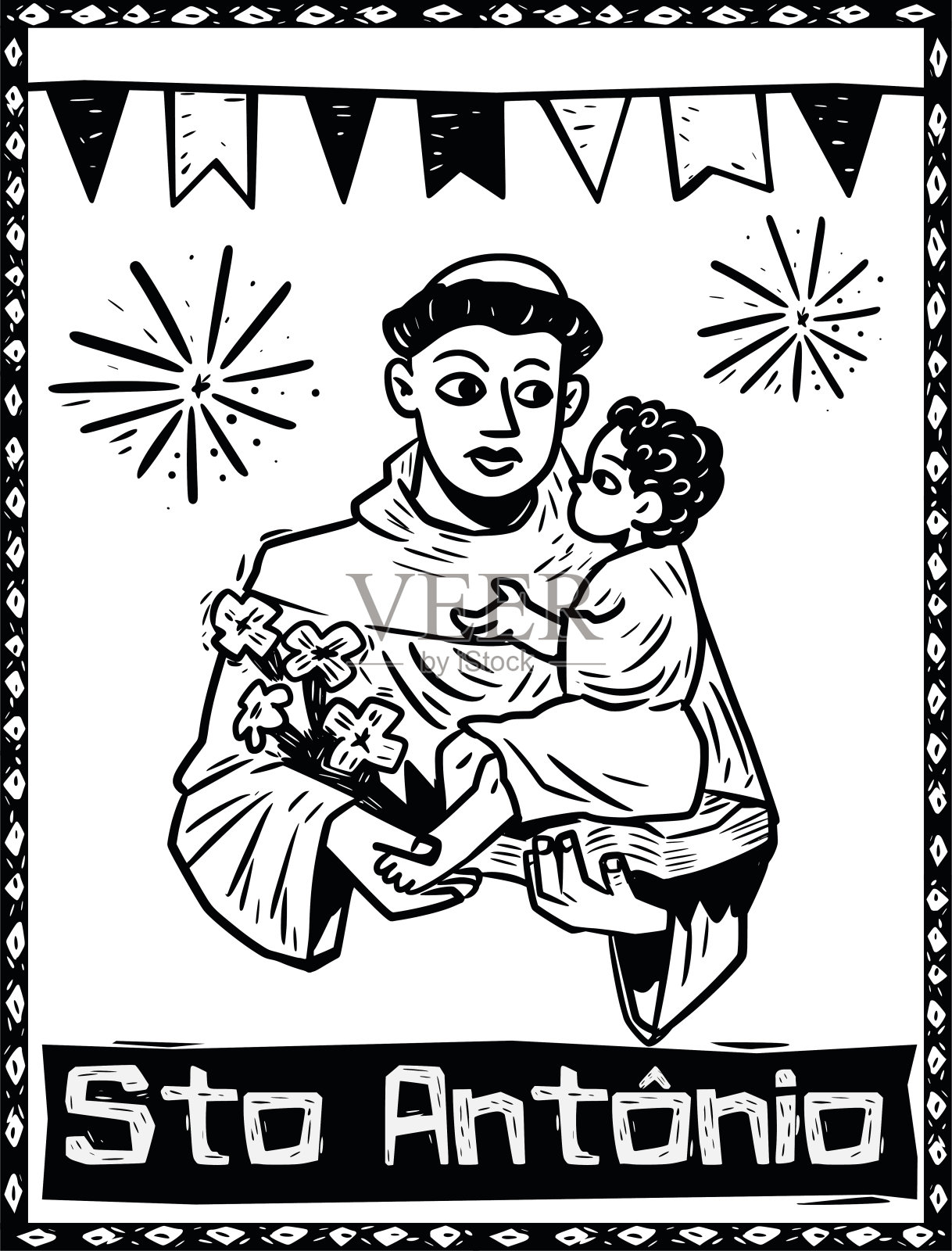 圣安东尼抱着小耶稣。六月节日木刻风格。插画图片素材