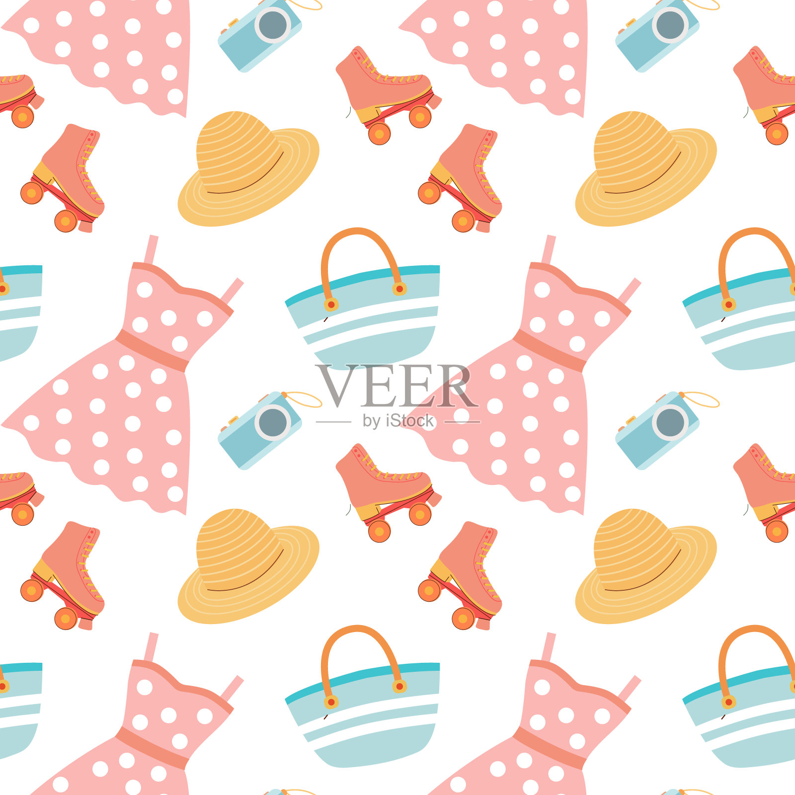夏季无缝图案与旱冰鞋，衣服，帽子，相机在一个白色的背景。夏天的背景。设计用于纺织品、包装纸、笔记本、记事本。插画图片素材