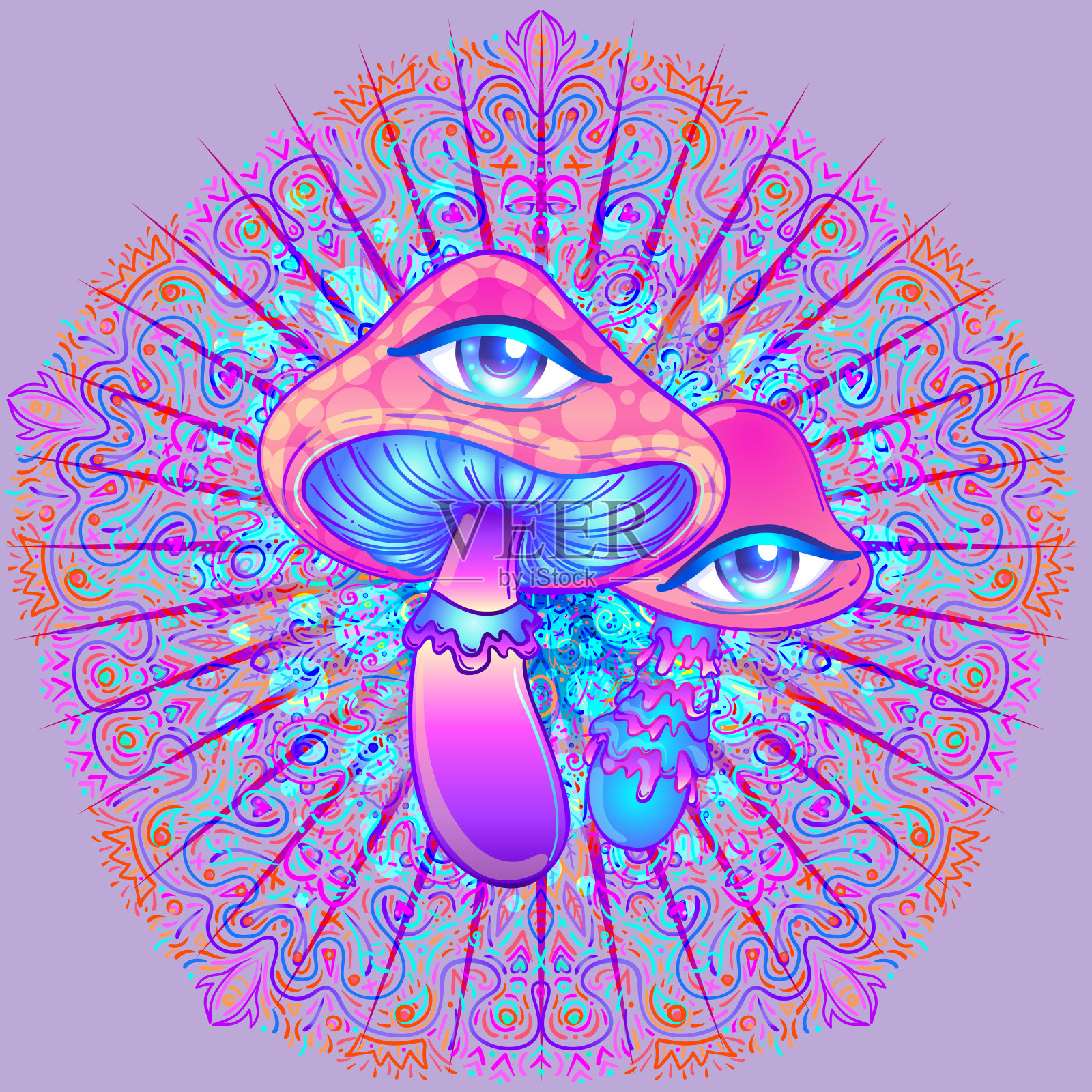 神奇的蘑菇。迷幻幻觉。充满活力的矢量插图。60年代嬉皮色彩艺术在粉红色柔和哥特色彩在曼陀罗圆形图案插画图片素材