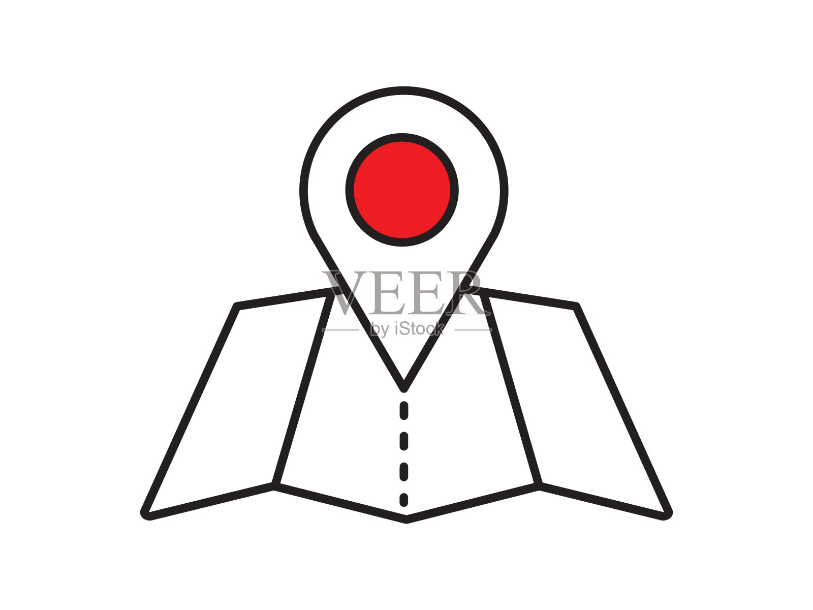 在平面风格的描绘中，一个位置标记在城市地图上脱颖而出，表示一个精确的地点插画图片素材