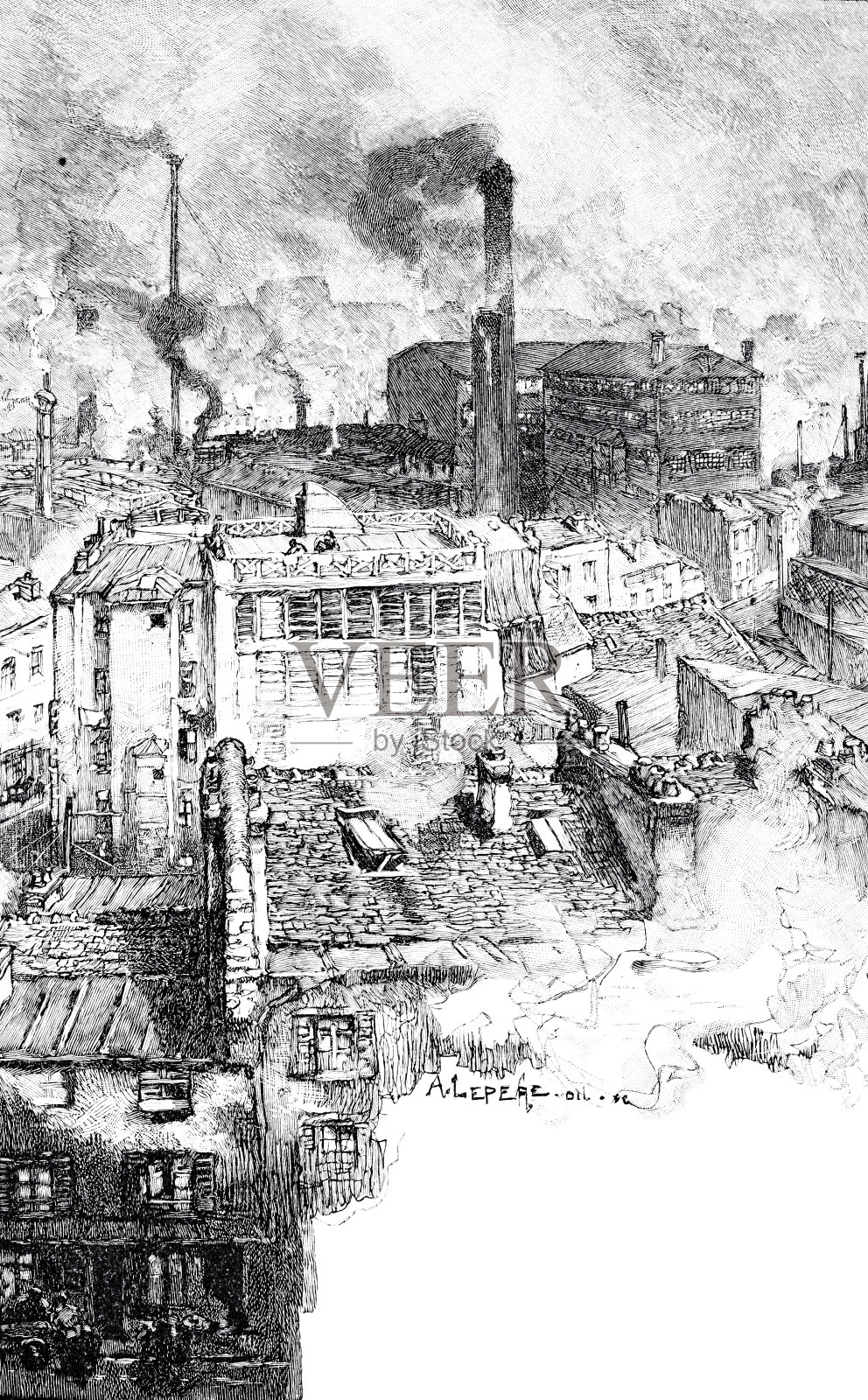 从虚无主义者的窗户看风景，黑暗的工业屋顶和烟囱插画图片素材