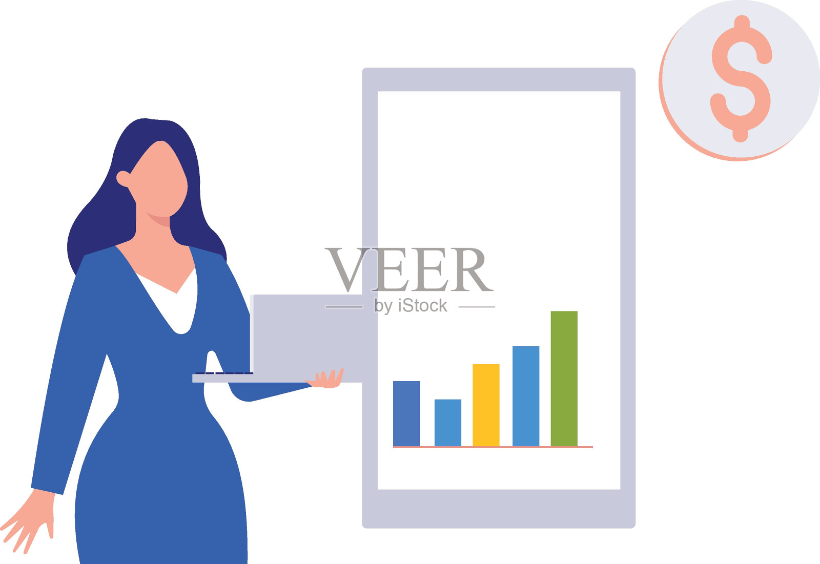 这个女孩拿着一台笔记本电脑。插画图片素材