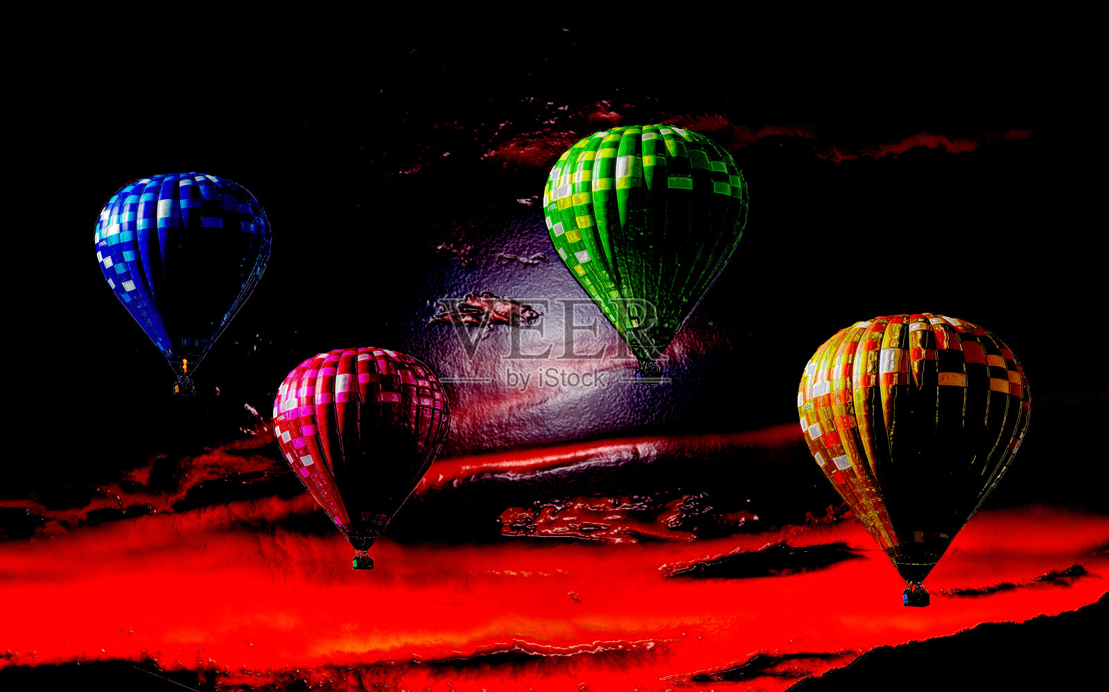 3D，美丽的彩色热气球在夜幕降临时自由飞翔照片摄影图片