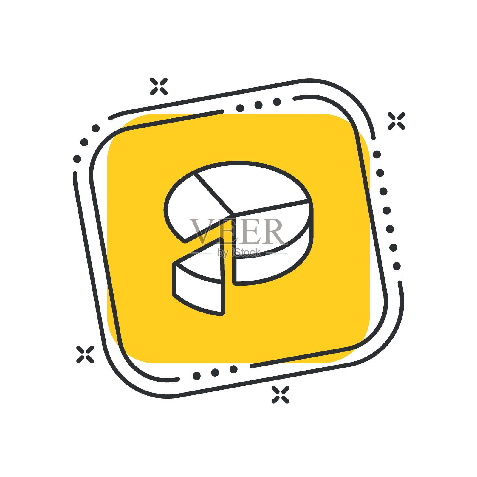 卡通三维饼图图标矢量插图。分析图标孤立的黄色方形背景。统计学符号概念。插画图片素材