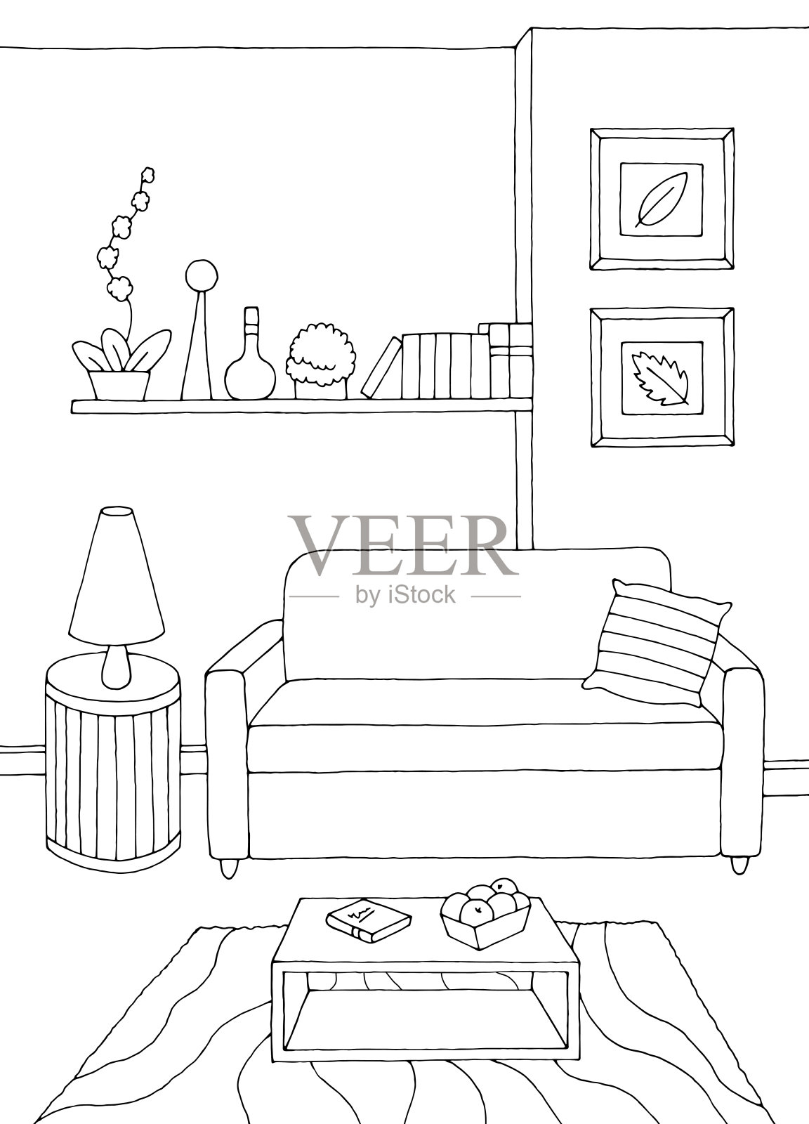 客厅图形黑白家居室内垂直素描插图矢量插画图片素材