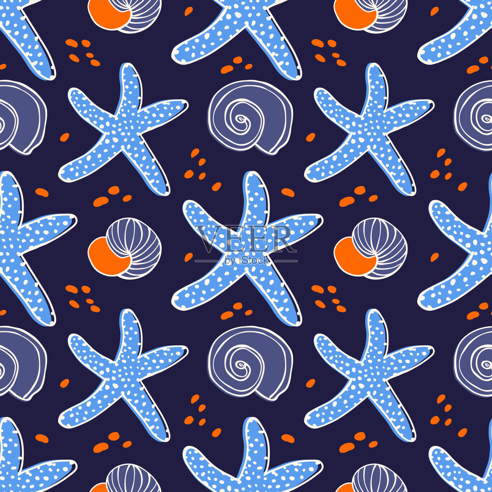 无缝图案的贝壳，藻类，海星和气泡。插画图片素材
