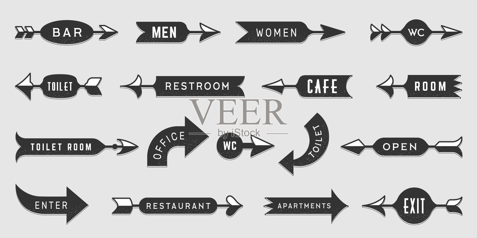 箭头方向。导航指南路线指针最近带文字的矢量箭头标志，导航和指针，方向标志图标，符号集合设计，孤立插画图片素材