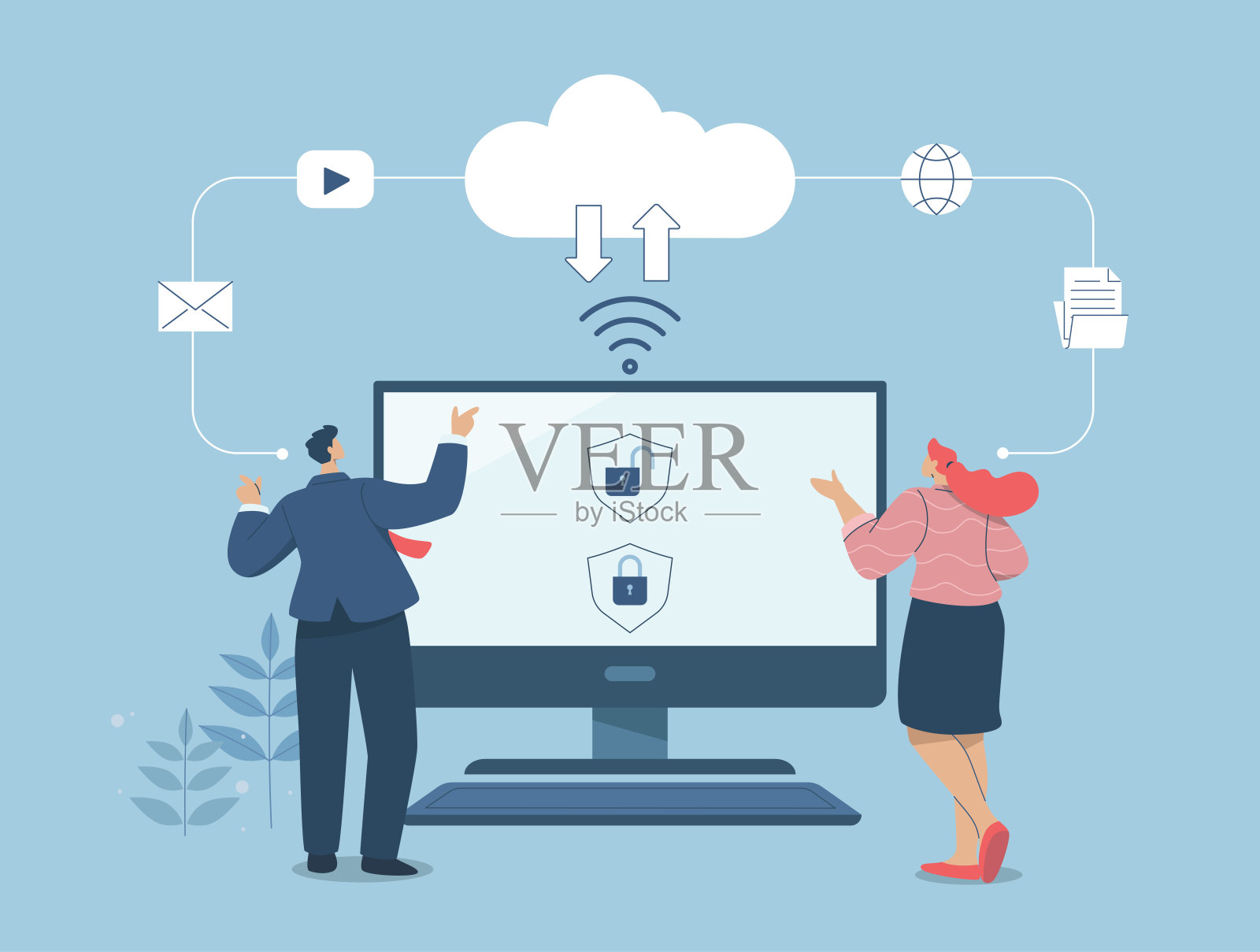 将公司或组织的重要信息存储在云技术中，安全连接，云安全，业务团队通过安全的在线系统与计算机一起工作。矢量插图。插画图片素材