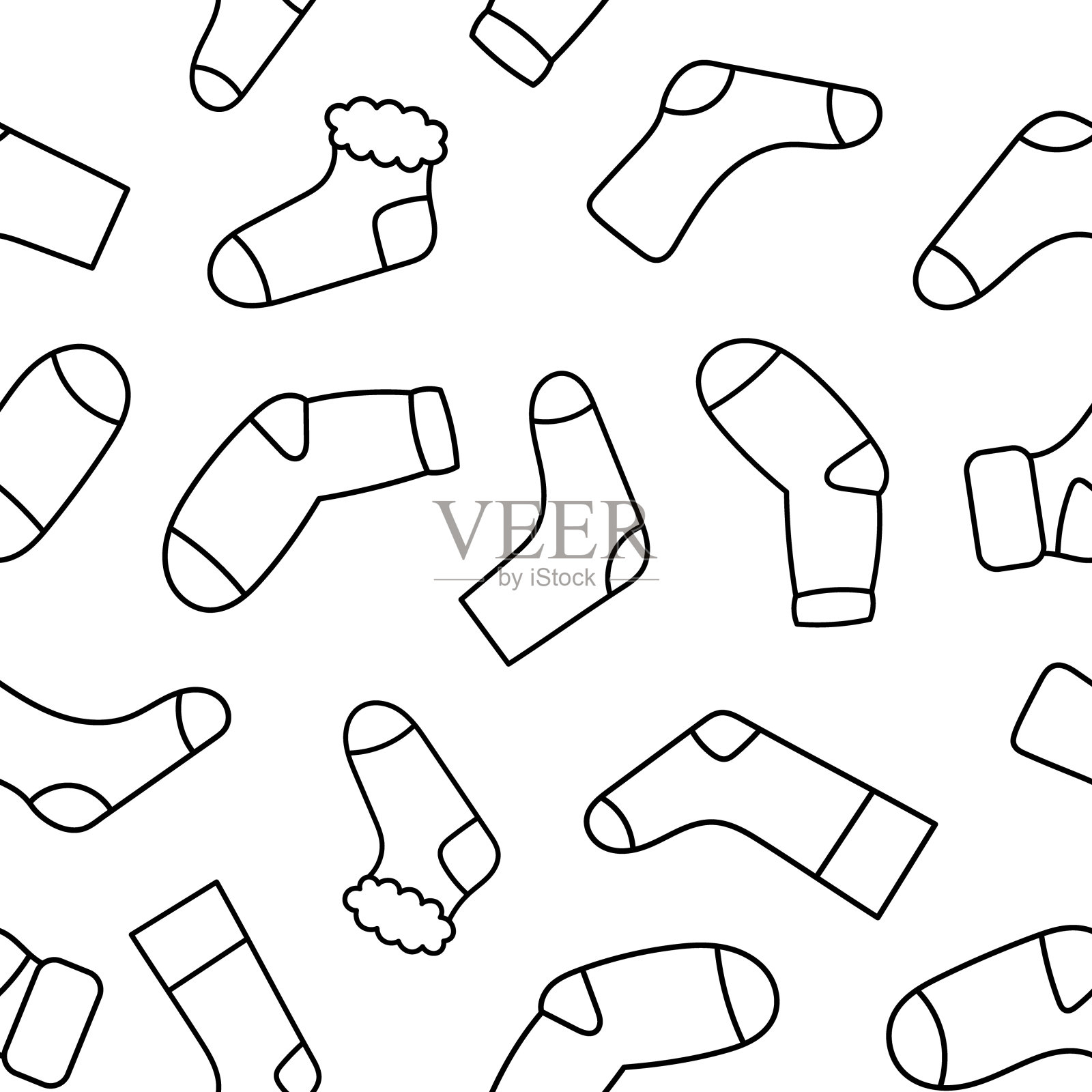 各种不同质地的袜子。无缝模式。着色页面。时尚时髦的衣服。手绘风格。矢量图。设计的饰品。插画图片素材