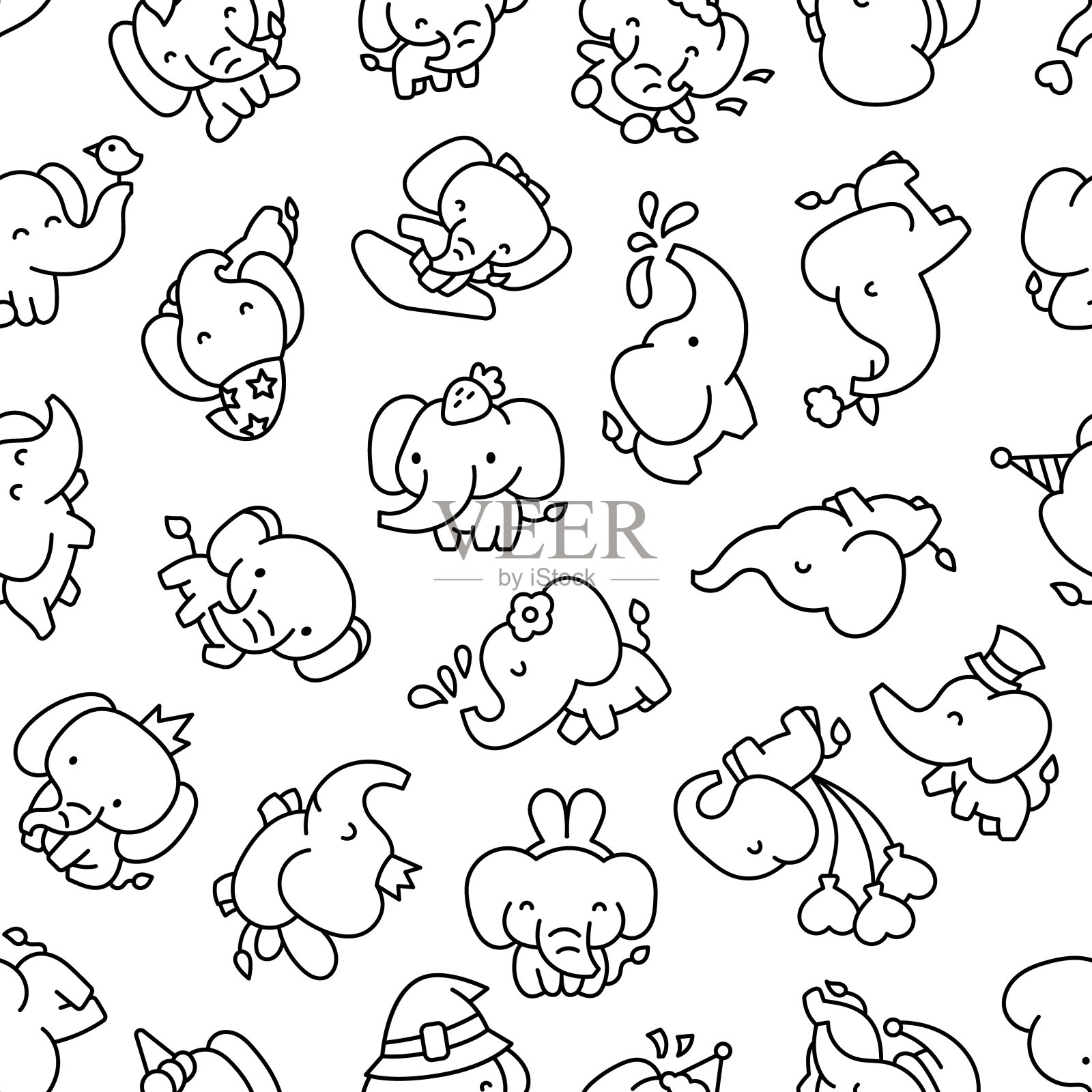 可爱的卡哇伊大象。无缝模式。着色页面。有趣的卡通人物。手绘风格。矢量图。设计的饰品。插画图片素材