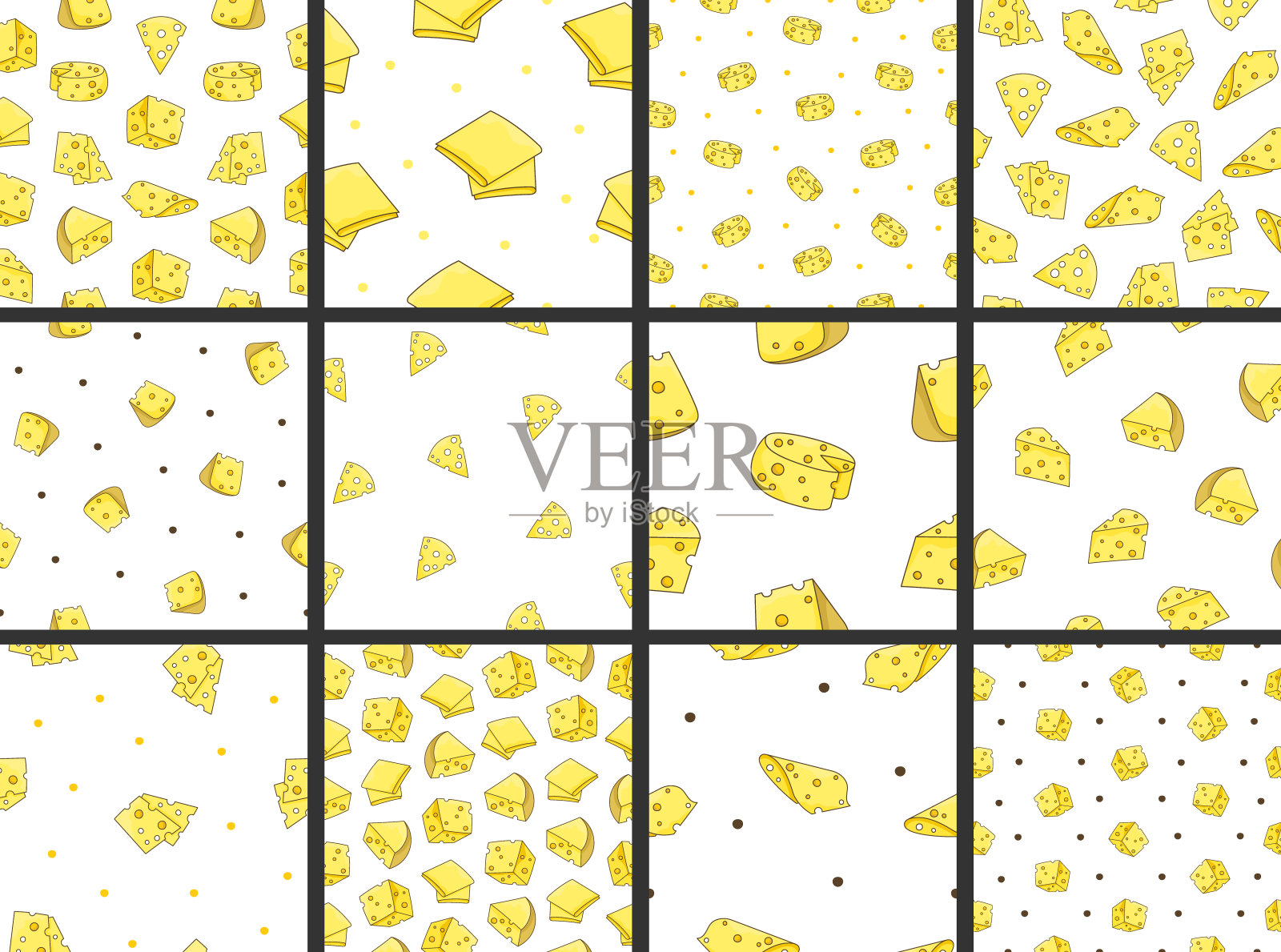 一片一片的奶酪。无缝模式。帕尔马干酪，马苏里拉奶酪，荷兰辣酱，意大利乳清干酪，不同种类的奶酪。手的风格。矢量图。收集设计饰品。插画图片素材