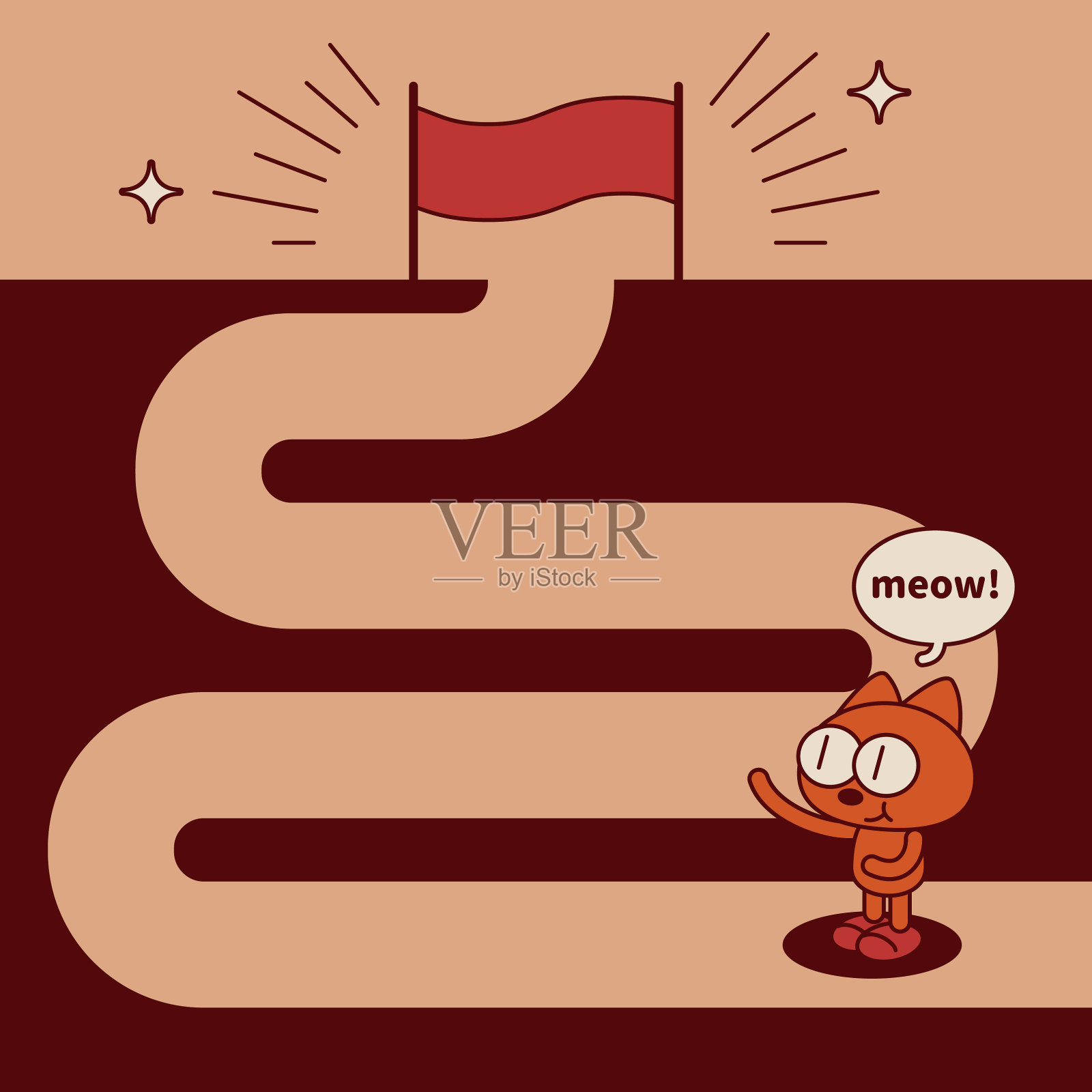 一只古灵精怪的可爱小猫，抬起身体喵喵叫，站在蜿蜒道路的起点，指向终点的旗帜插画图片素材