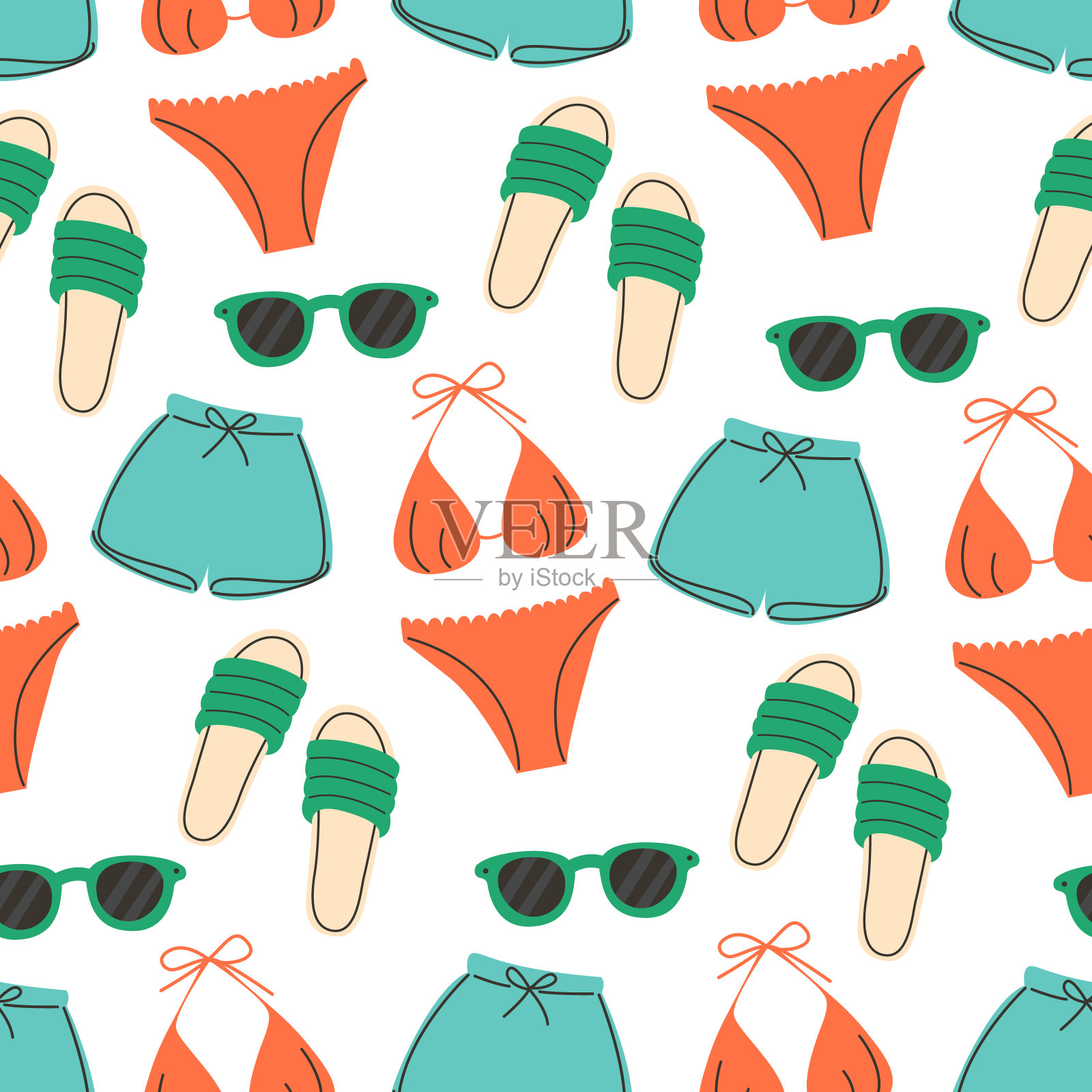 夏季手绘图案与泳衣，眼镜，短裤，人字拖，无缝图案织物，纺织品，包装纸，封面，横幅插画图片素材