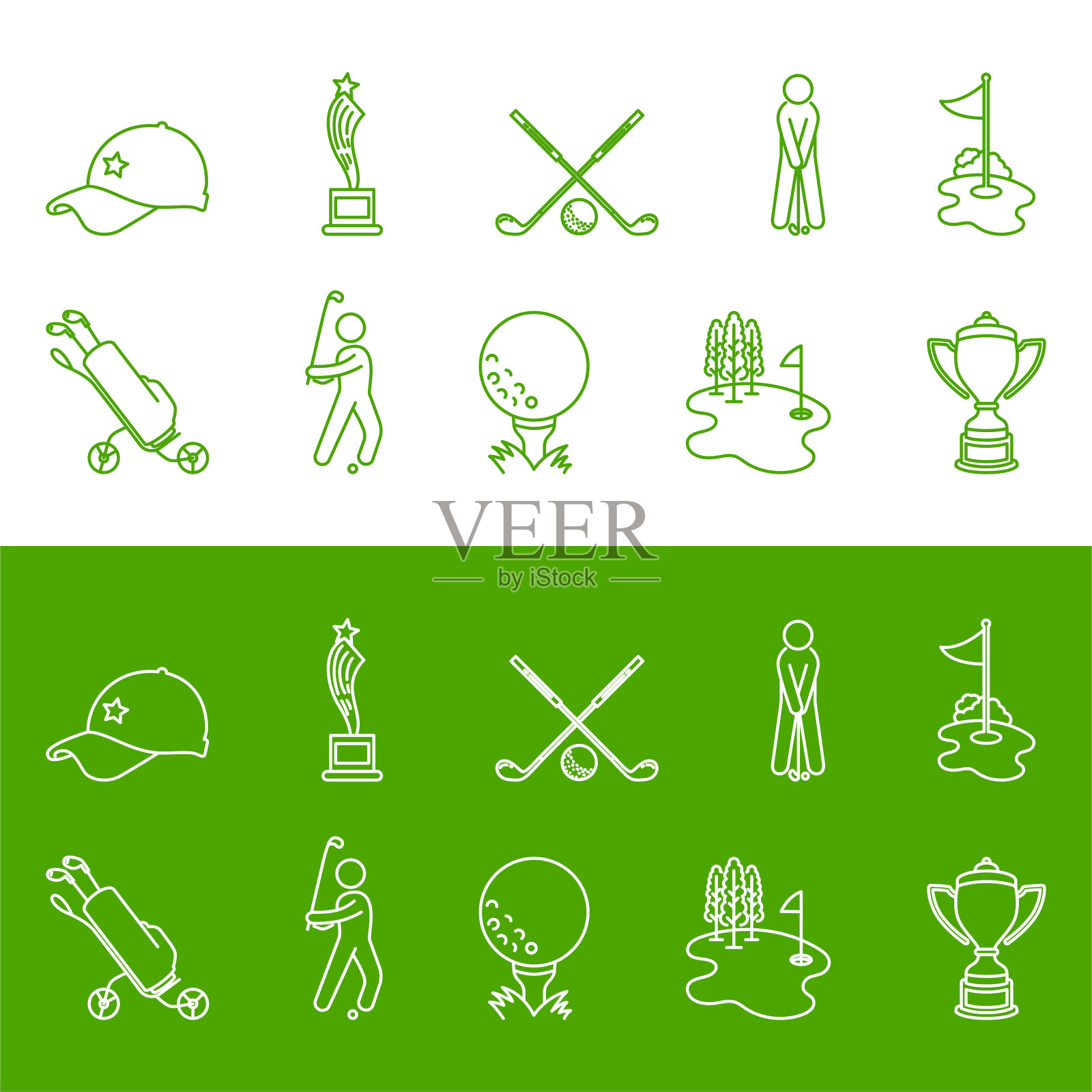 高尔夫，高尔夫球场和高尔夫球图标集。插画图片素材