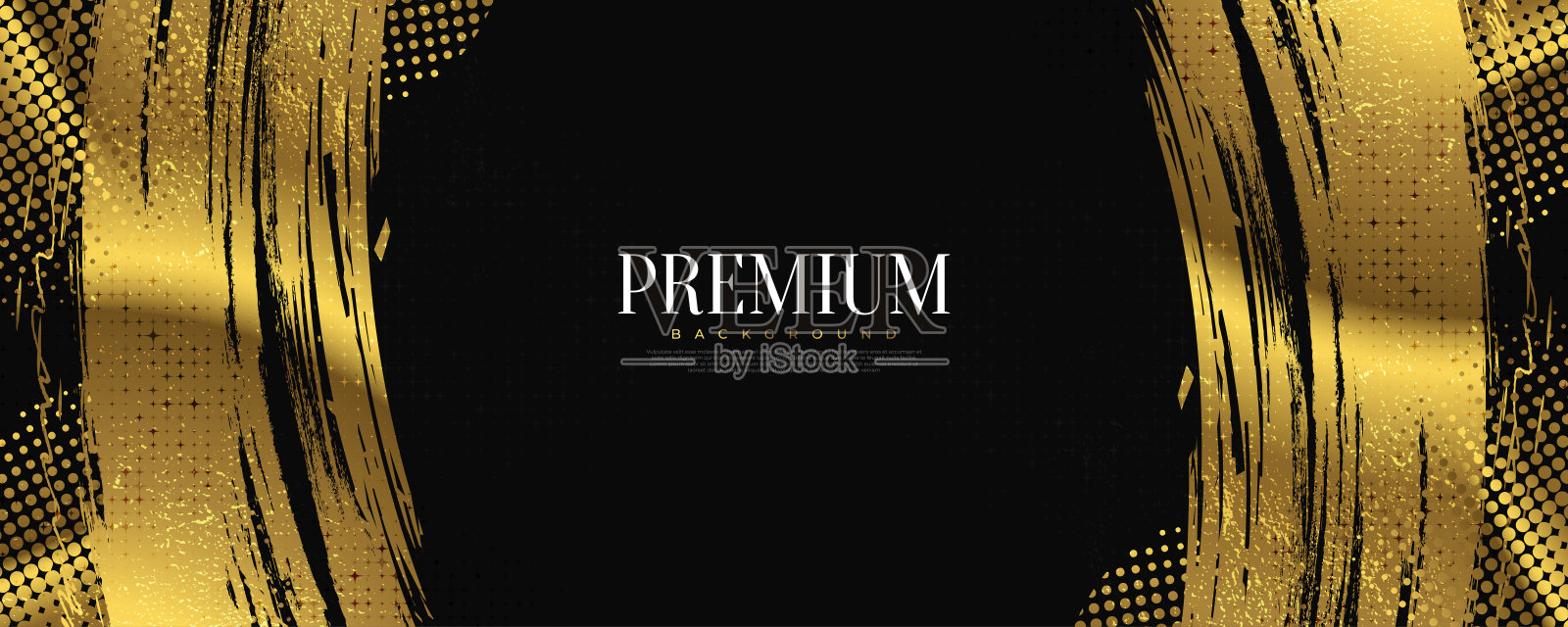 豪华黄金垃圾刷笔触与纹理和半色调效果孤立的黑色背景。用于横幅、海报或运动的笔触插图。划痕和纹理元素的设计插画图片素材