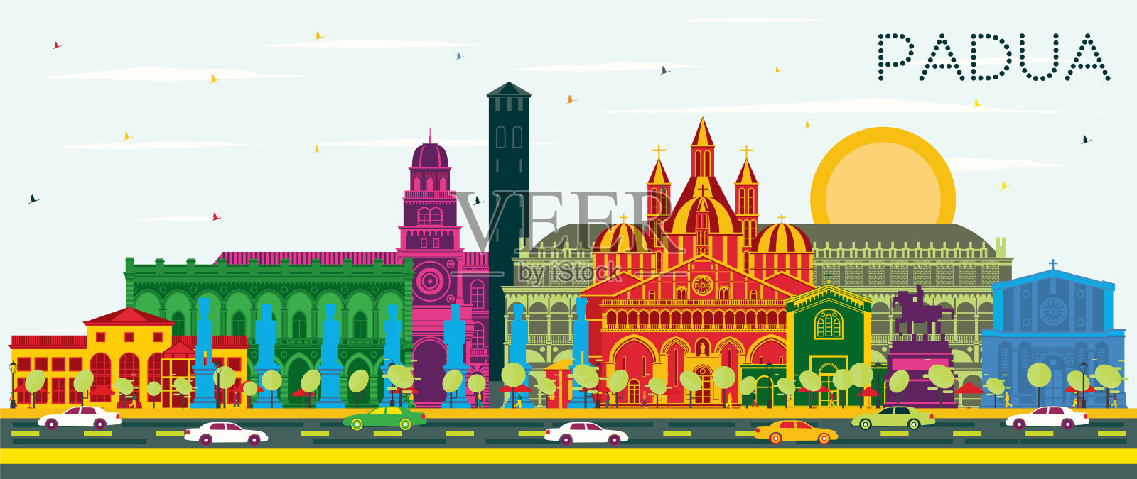 意大利帕多瓦城市天际线与彩色建筑和蓝天。商务旅行与历史建筑概念。帕多瓦城市景观与地标。插画图片素材