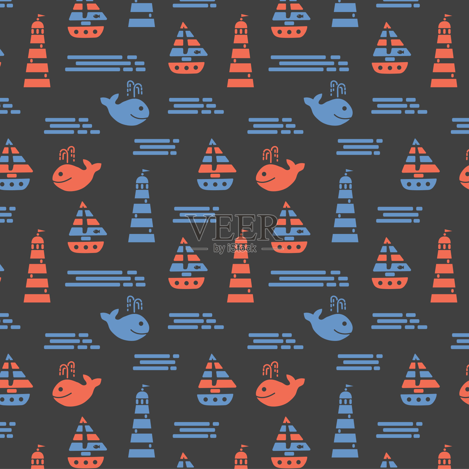 复古抽象图案与大海，鲸鱼，帆船和灯塔。海洋夏季图案为印刷设计。插画图片素材