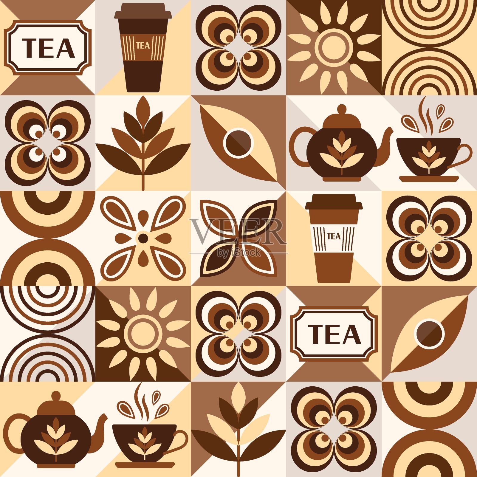 图案以图标为红茶，设计元素以简单的几何风格。无缝的背景与抽象的形状。用于品牌、食品包装装饰、封面设计、纺织厨房印花插画图片素材