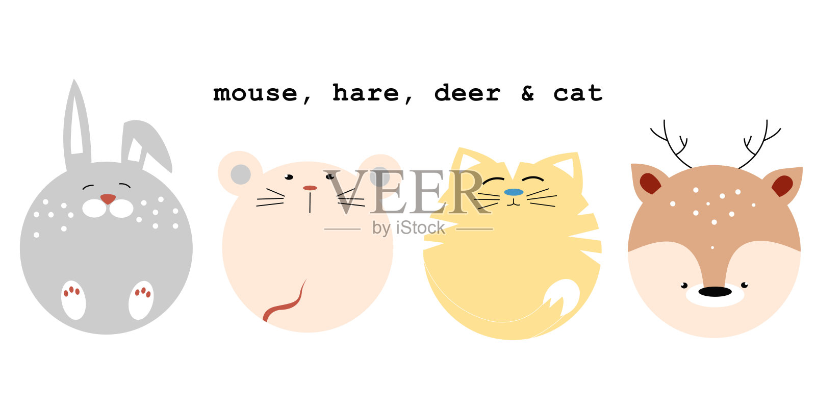 矢量集有趣的圆形动物。猫，兔子，老鼠，鹿的标志和贺卡插画图片素材
