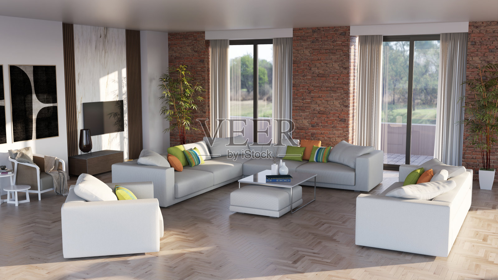 大型豪华现代明亮内饰客厅模型插图3D渲染图像照片摄影图片