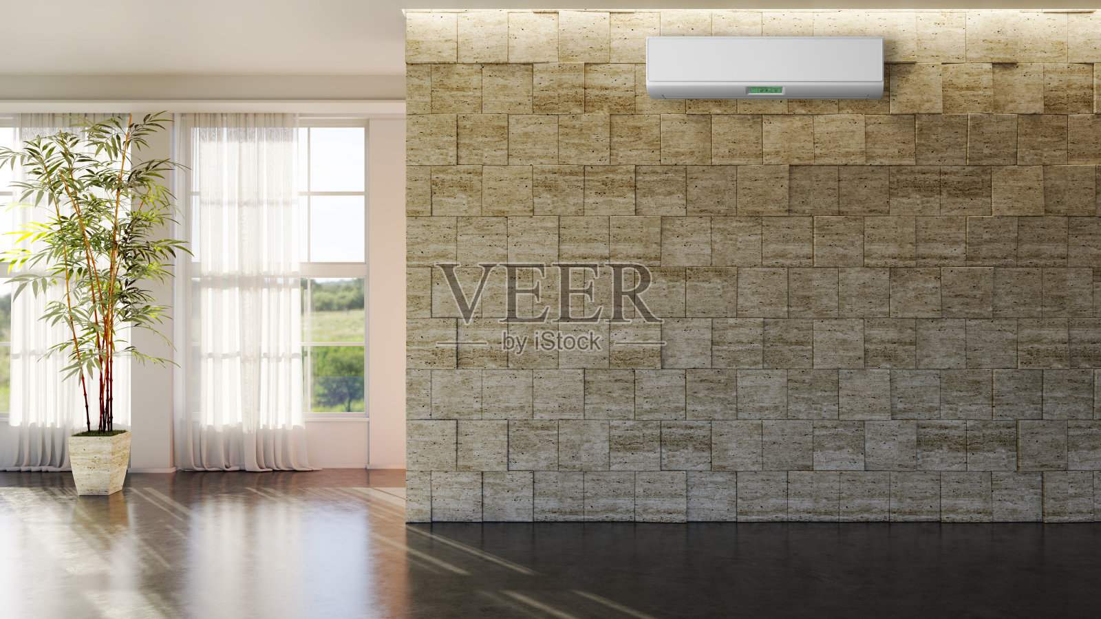 大型豪华现代明亮内饰客厅与空调样机插图3D渲染照片摄影图片