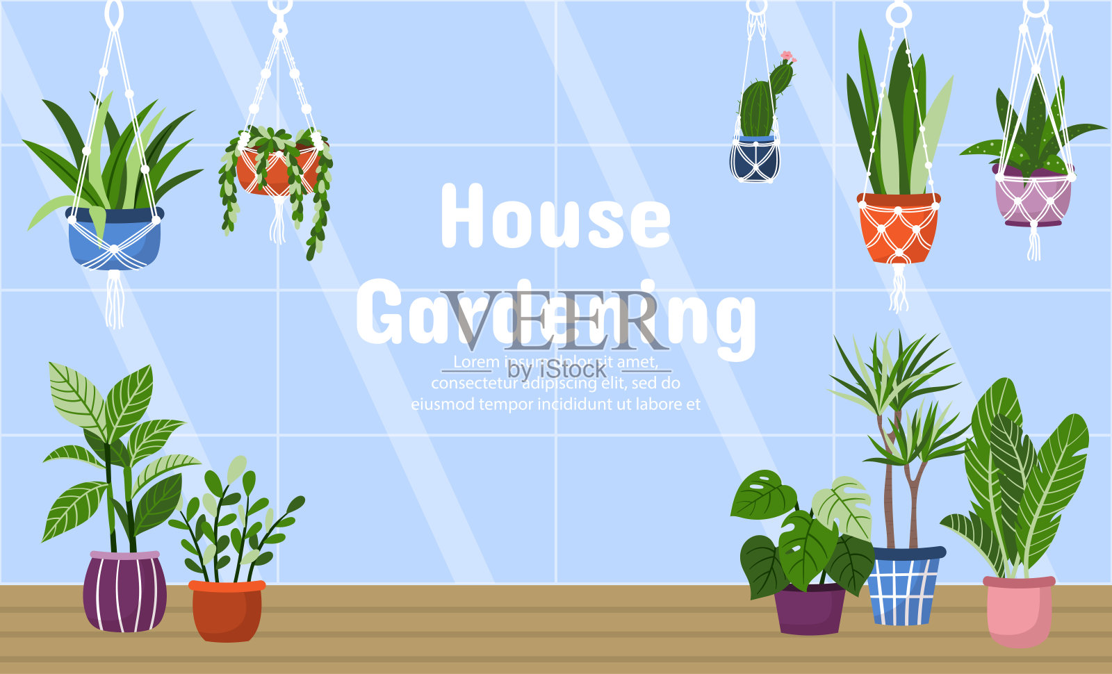 矢量玻璃温室内部与室内盆栽植物。房屋园艺内视图插图着陆页，横幅。插画图片素材