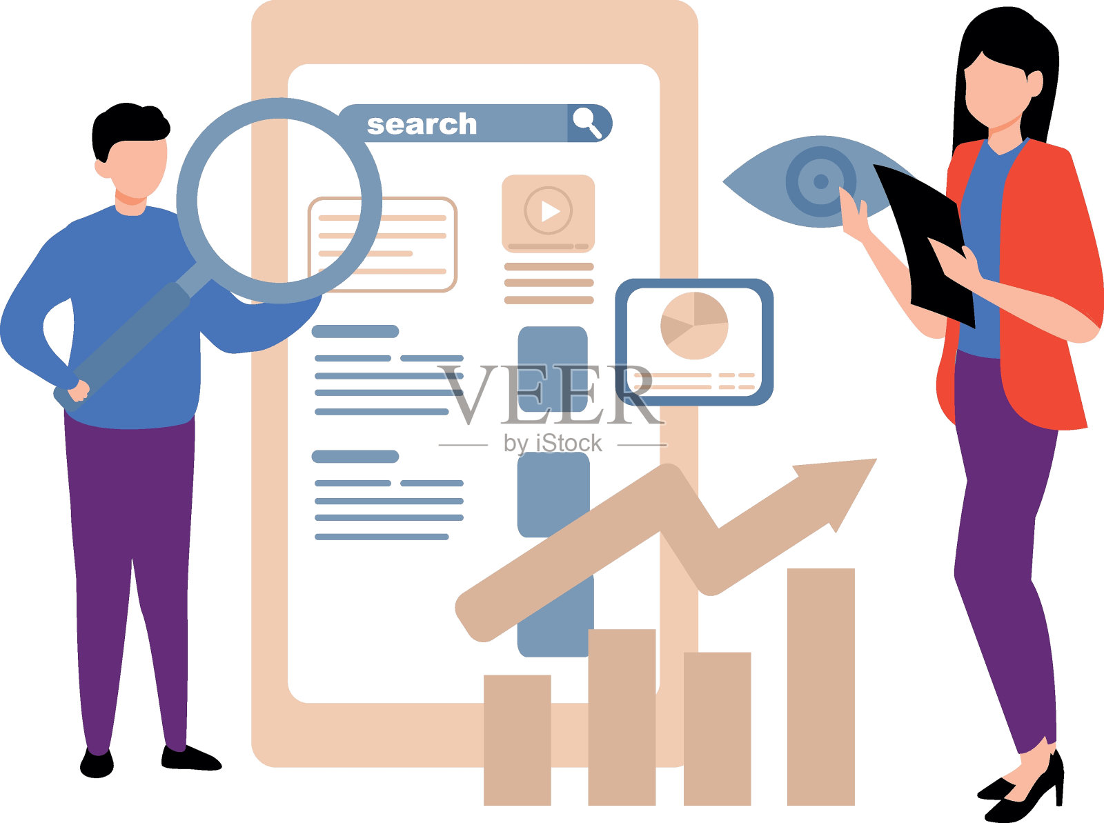 女孩和男孩在寻找图形数据。插画图片素材