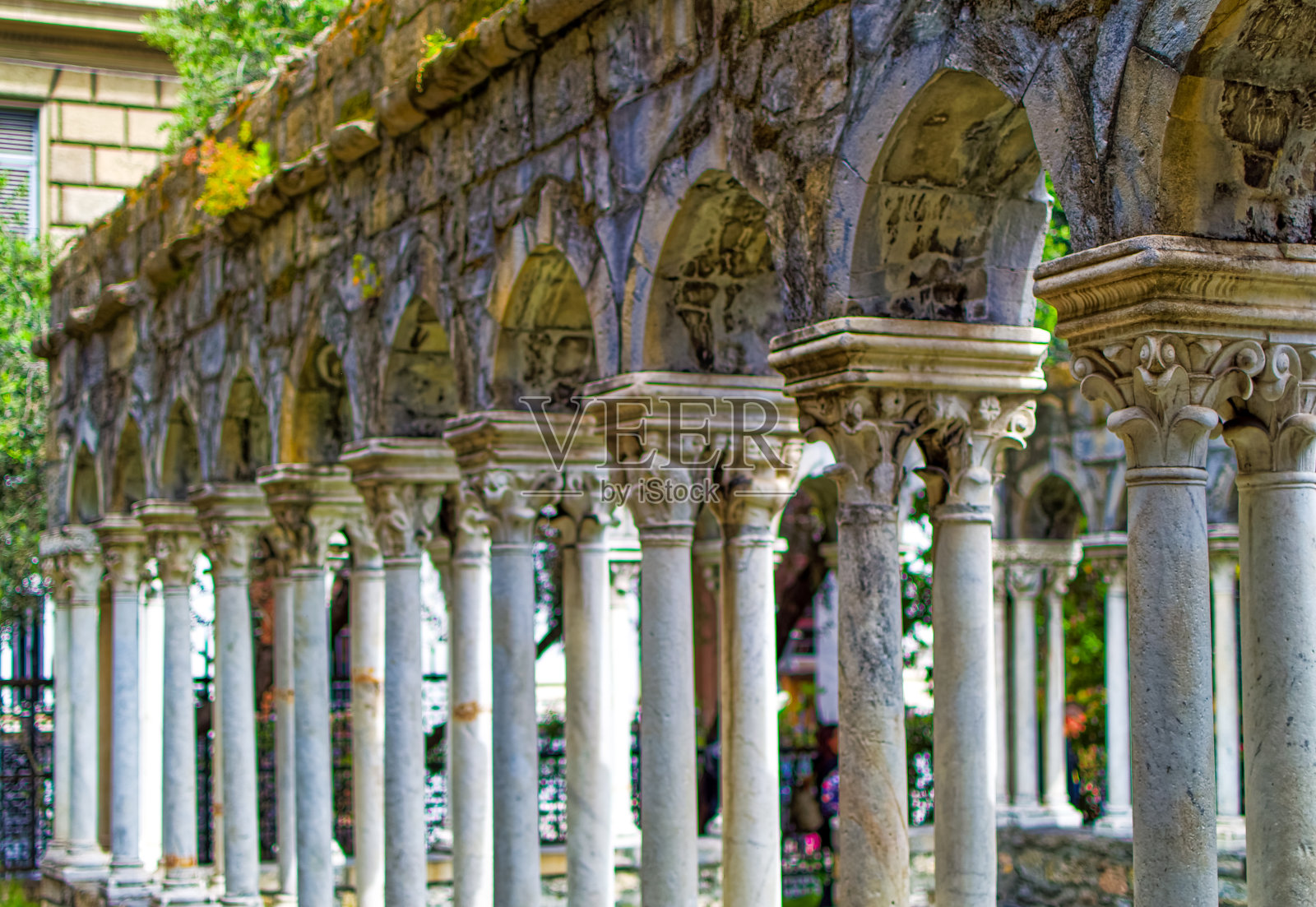 意大利热那亚哥伦布故居附近的中世纪公共花园遗迹。照片摄影图片