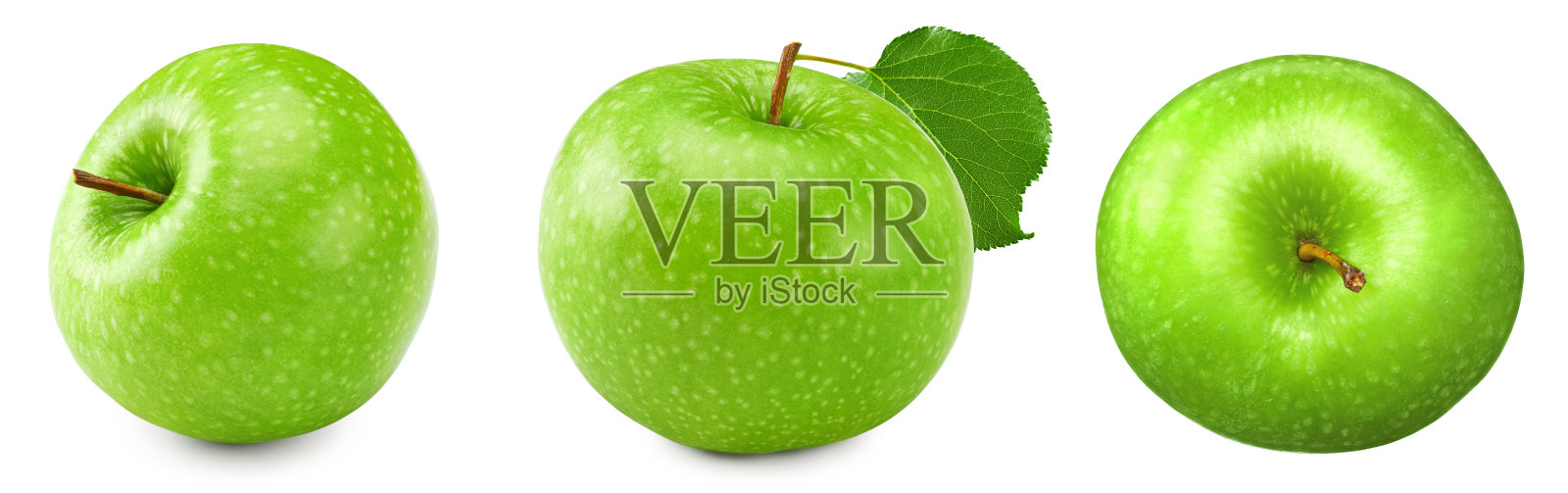 绿苹果与绿叶隔离在白色背景。剪切路径照片摄影图片