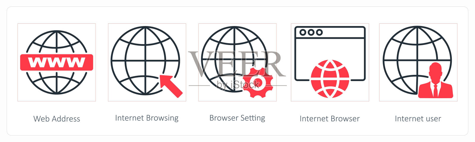 一组5个Seo图标作为网址，上网浏览，浏览设置插画图片素材